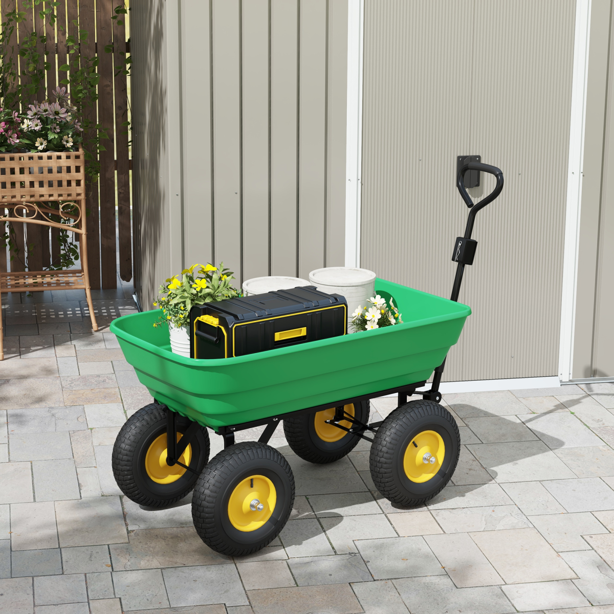 125L Garden Cart Heavy Duty 4 Wheel Trolley Wheelbarrow Green