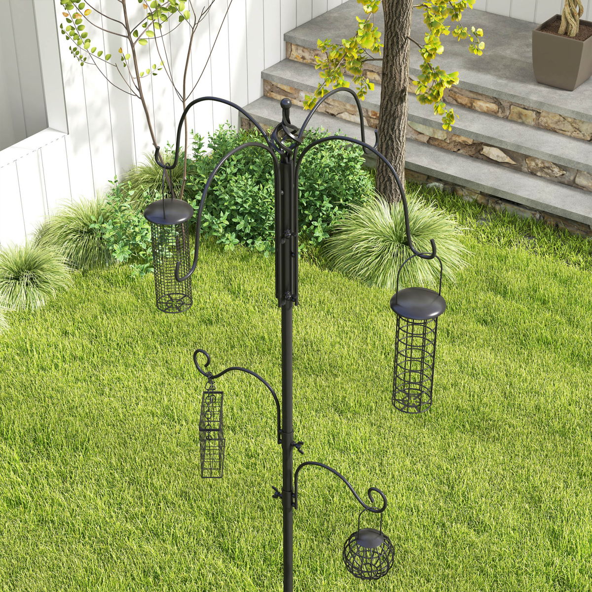 Bird Feeding Station Kit Wild Bird Feeder Pole w/ 6 Hooks 4 Hanging Feeders