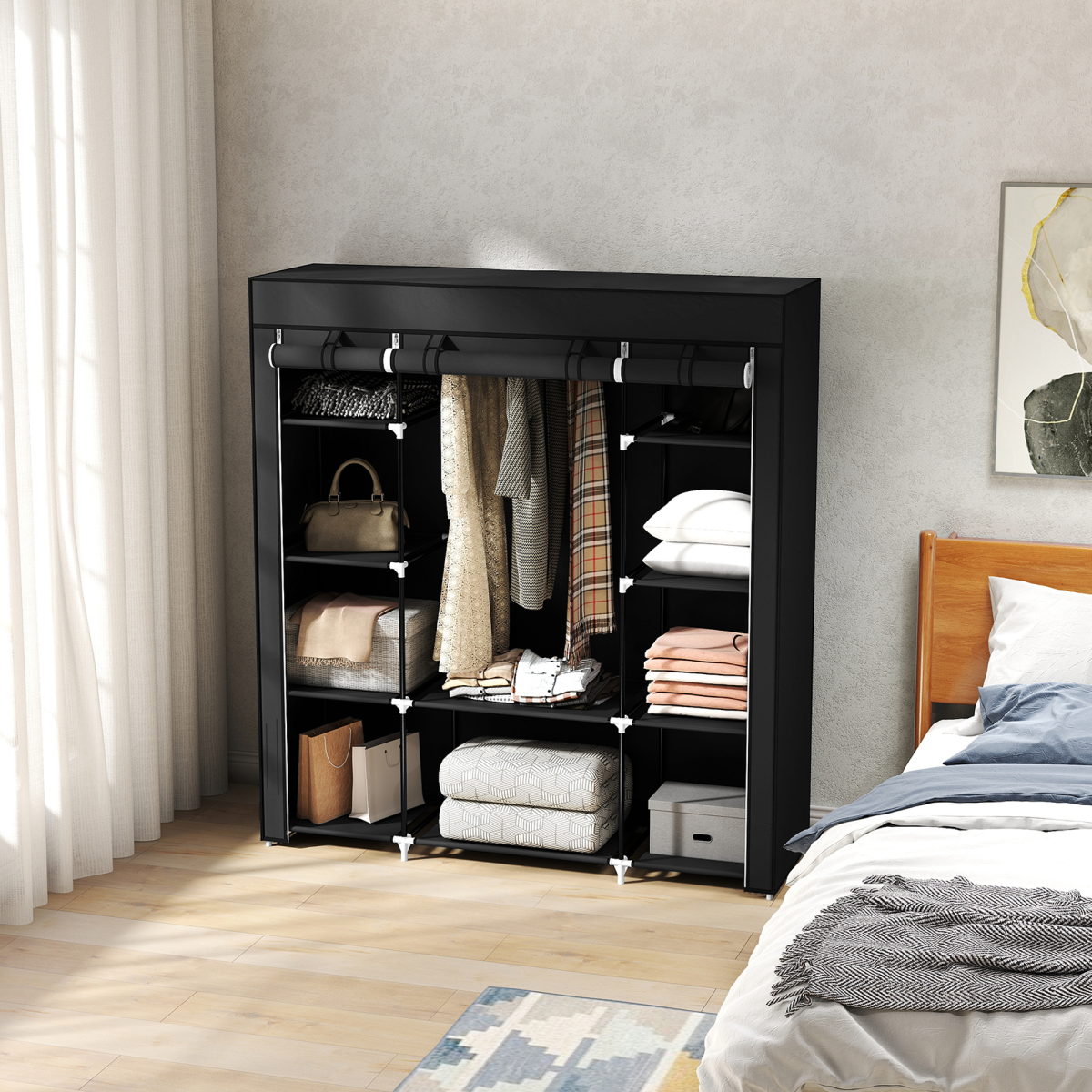 Fabric Wardrobe Portable Wardrobe with 10 Shelves 1 Hanging Rail Black