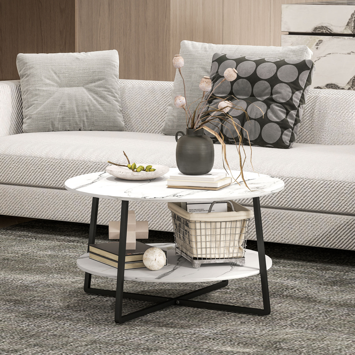 HOMCOM Round Coffee Table with Storage Shelf and Marble Effect Top, White