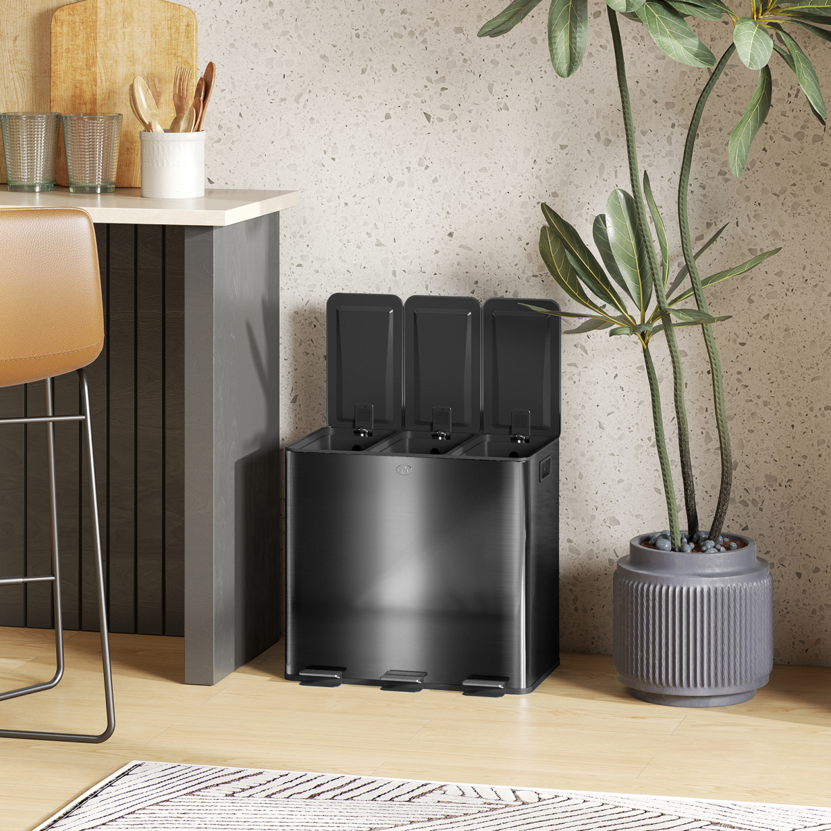 HOMCOM 3 x 15L Triple Kitchen Bin Pedal Bin for Recycling and Waste, Black