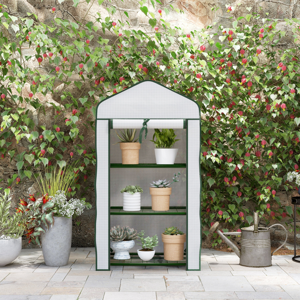 Outsunny Portable Mini Greenhouse with Roll-up Door and Wire Shelves, White