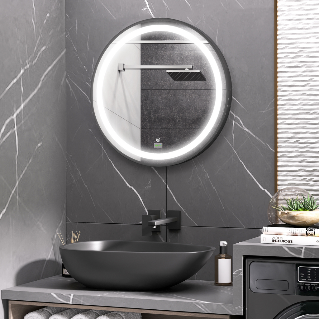 LED Smart Bathroom Mirror Wall Mounted Round Vanity Mirror w/ Lights, Black