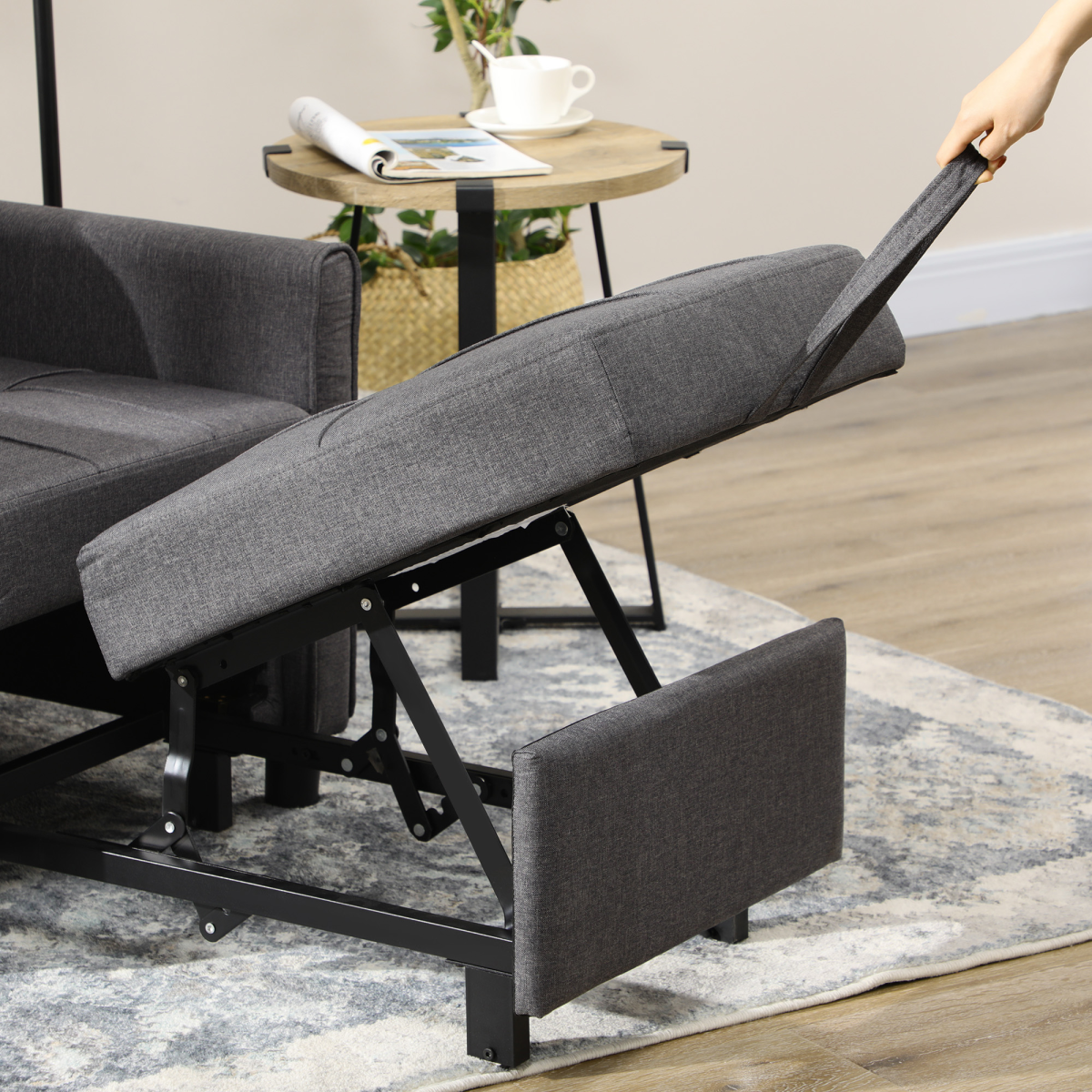 HOMCOM Pull Out Chair Bed, Sleeper Chair with Pillow, Side Pockets, Grey