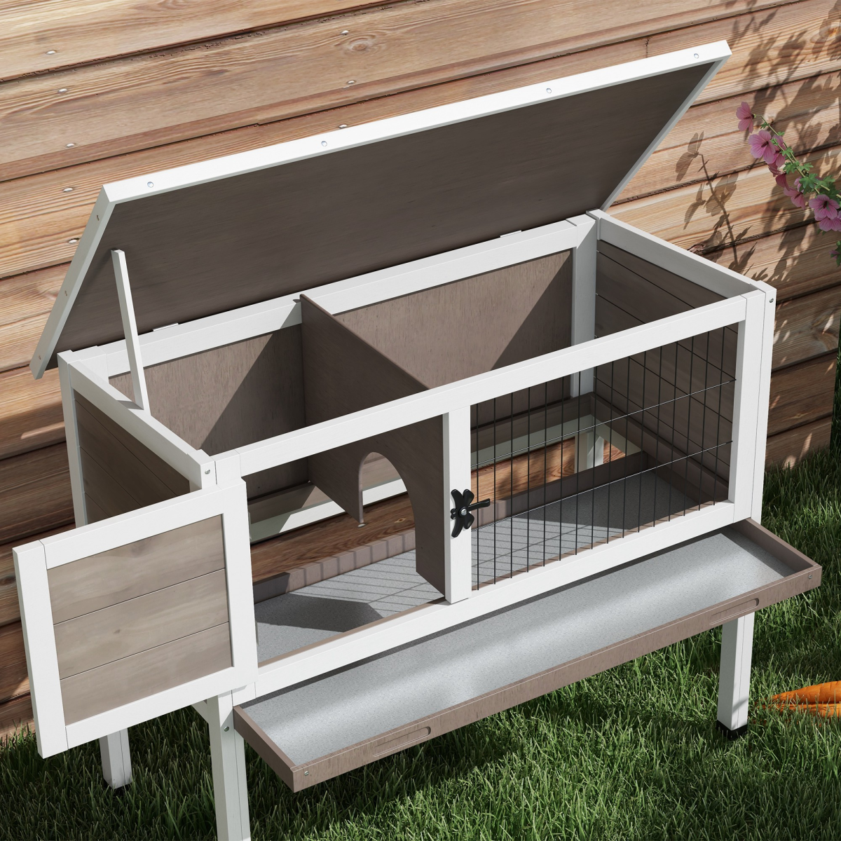 Pawhut Large Elevated Indoor Outdoor Wooden Rabbit Hutch w/ Asphalt Roof, Tray