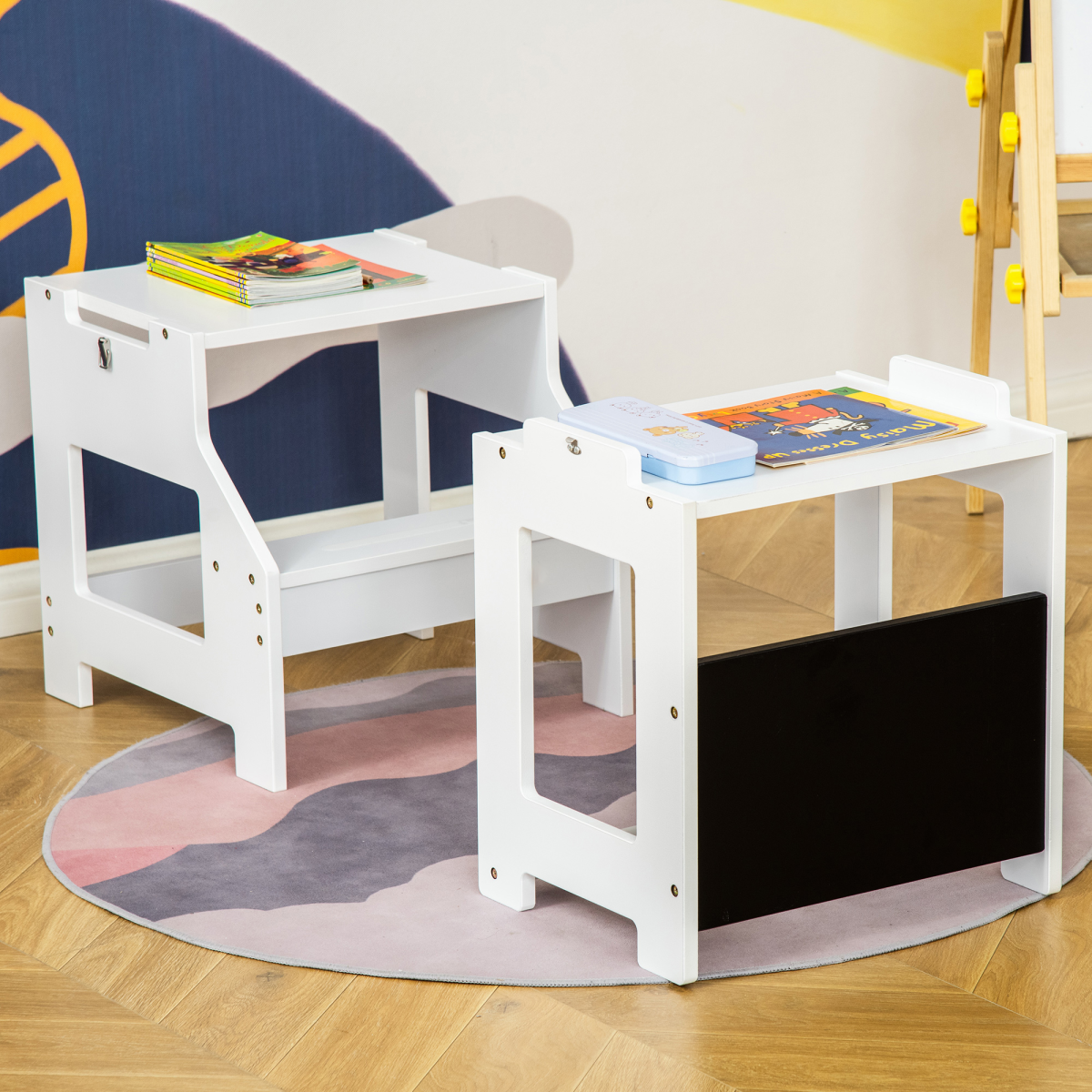 2 in 1 Kids Kitchen Step Stool Helper with Safety Rail Learning Tower