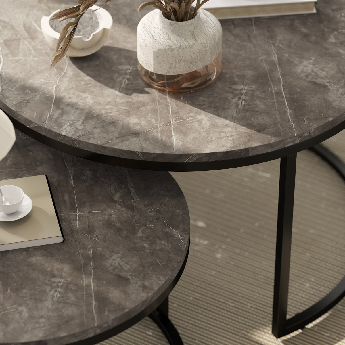 HOMCOM 2 Pcs Stacking Coffee Table Set Steel Frame Marble-Effect Top Foot Pads