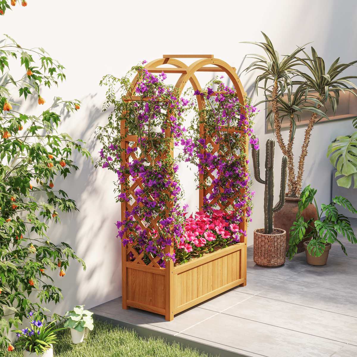 Outsunny Wooden Raised Garden Bed with Trellis & Fabric Liner for Easy Planting