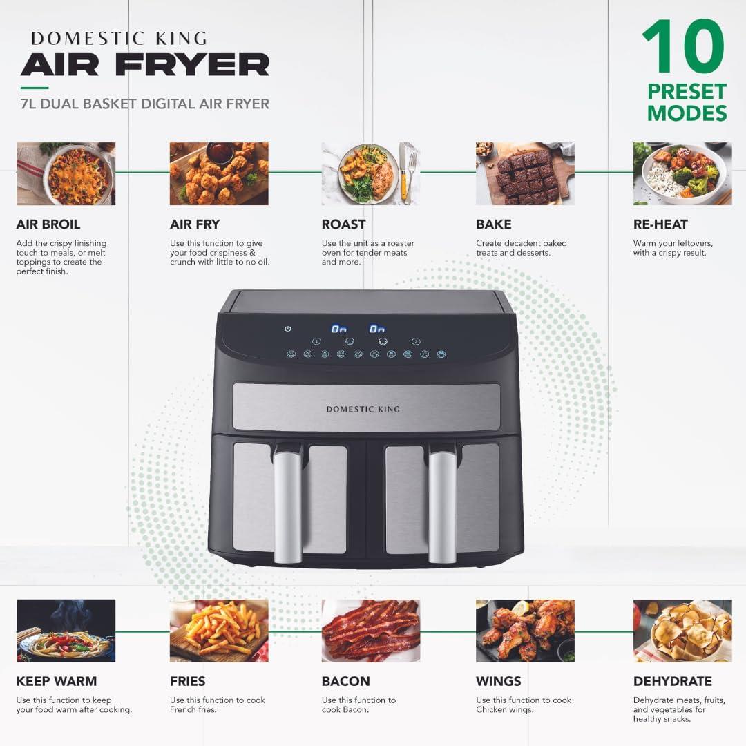 Domestic King 7L Dual Basket 2400W Air Fryer – Crispy Delights in Minutes!