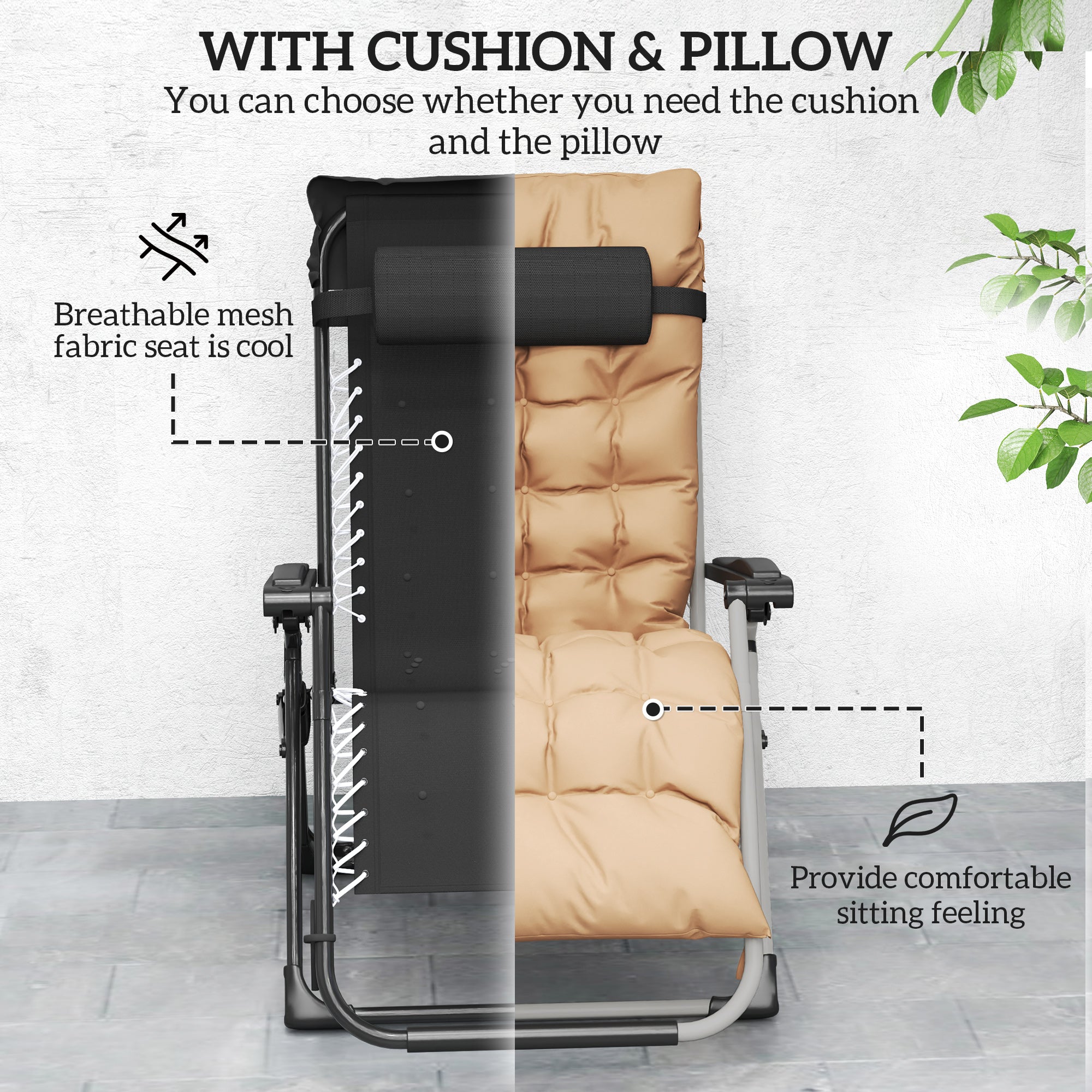 Outsunny 2 PCS Reclining Zero Gravity Chair Folding Lounger Cushion Khaki