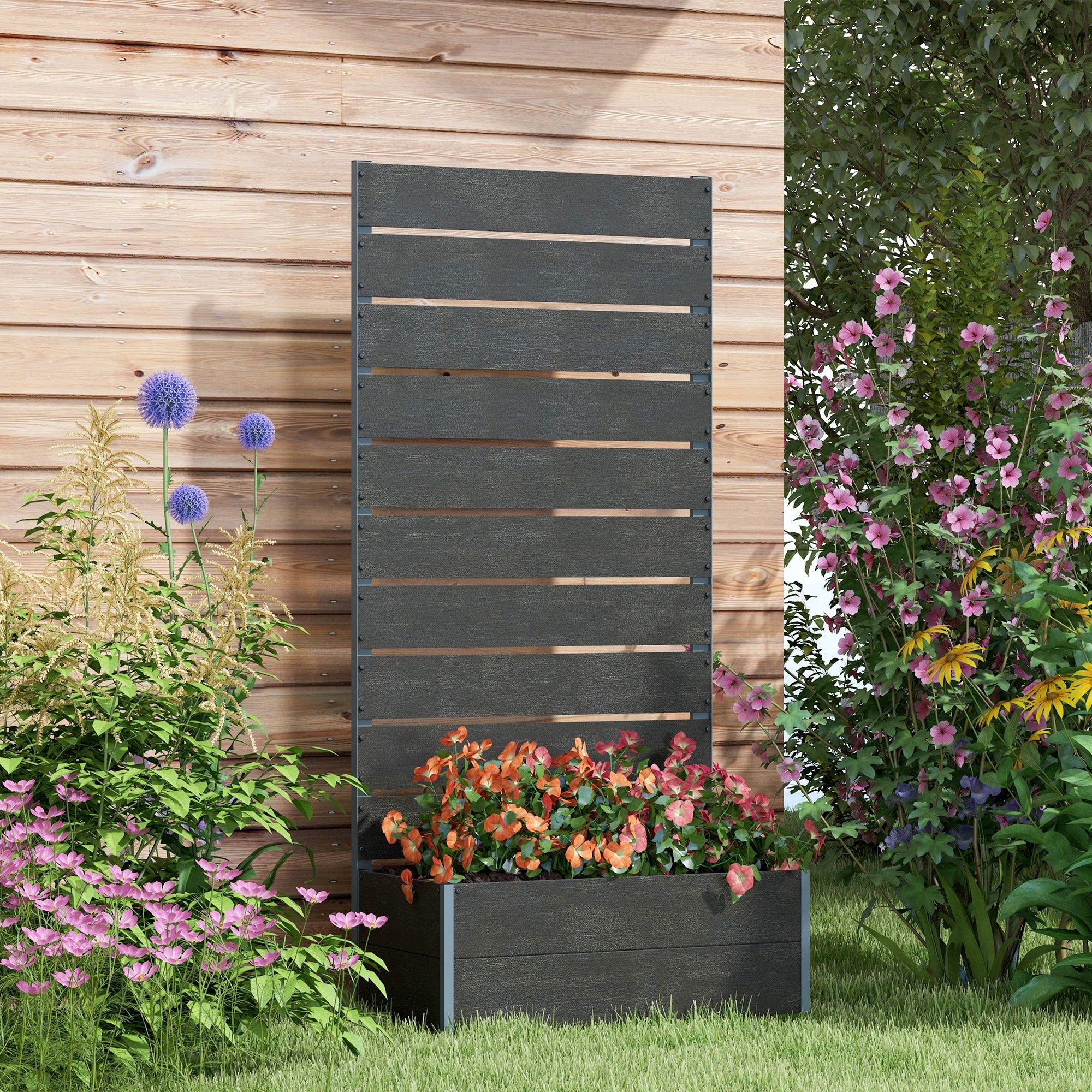 Outsunny Raised Garden Bed with Trellis and Drainage Hole, Planter Box Black