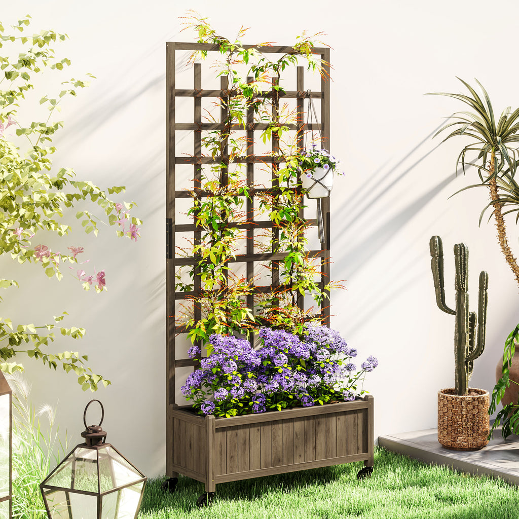 Outsunny Wooden Trellis Planter, Raised Garden Bed with Wheels and Bed Liner