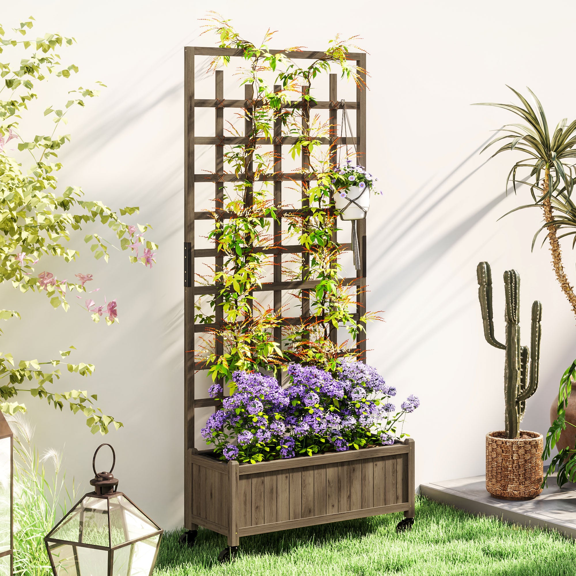 Outsunny Wooden Trellis Planter, Raised Garden Bed with Wheels and Bed Liner