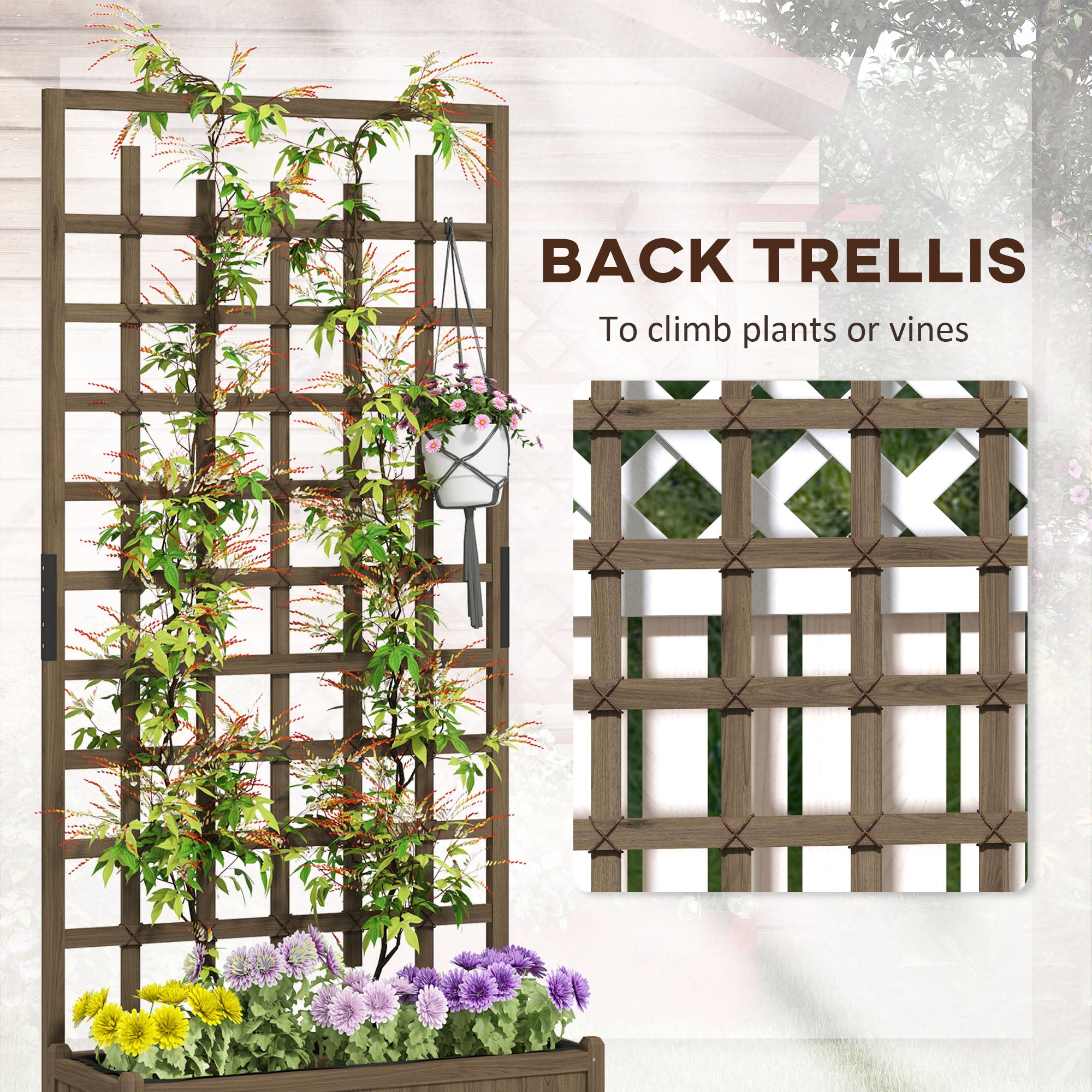 Outsunny Wooden Trellis Planter, Raised Garden Bed with Wheels and Bed Liner