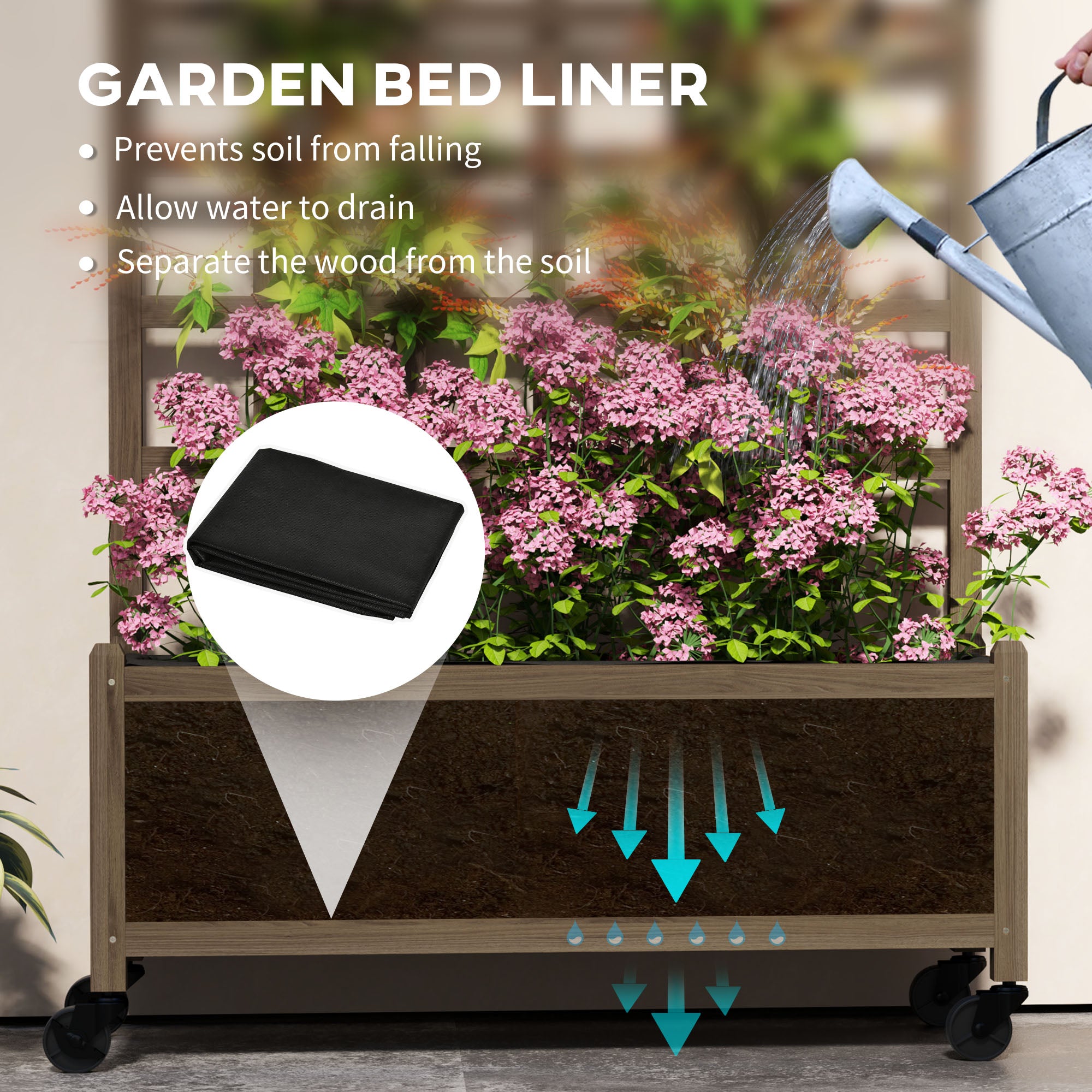 Outsunny Wooden Trellis Planter, Raised Garden Bed with Wheels and Bed Liner