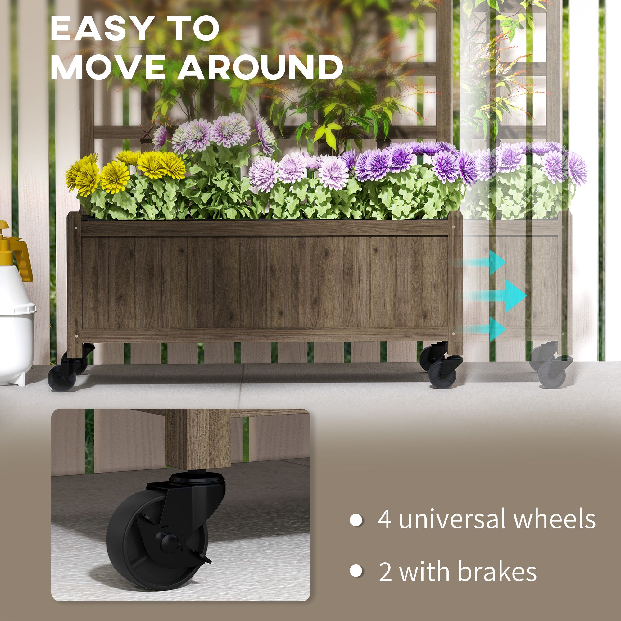 Outsunny Wooden Trellis Planter, Raised Garden Bed with Wheels and Bed Liner