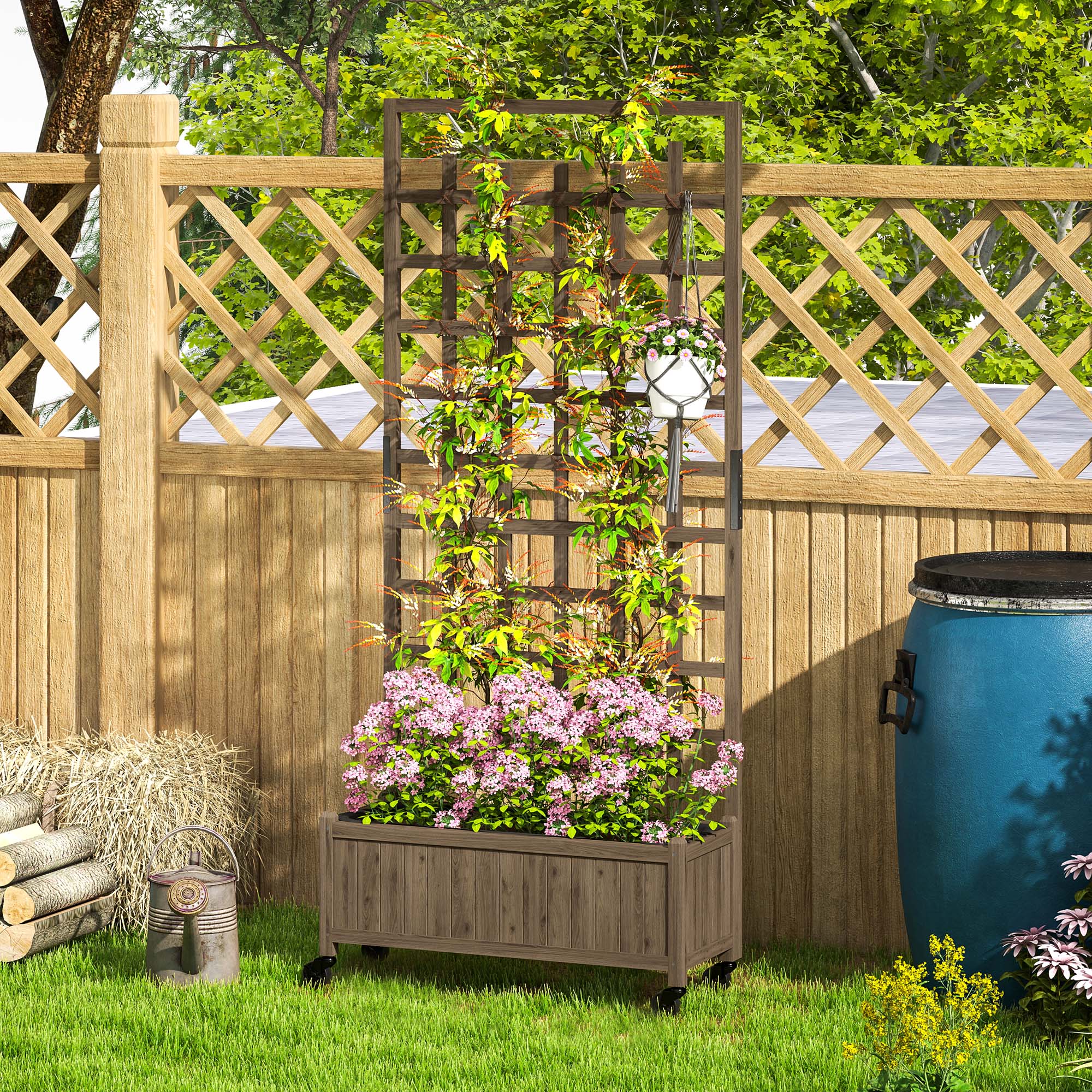 Outsunny Wooden Trellis Planter, Raised Garden Bed with Wheels and Bed Liner