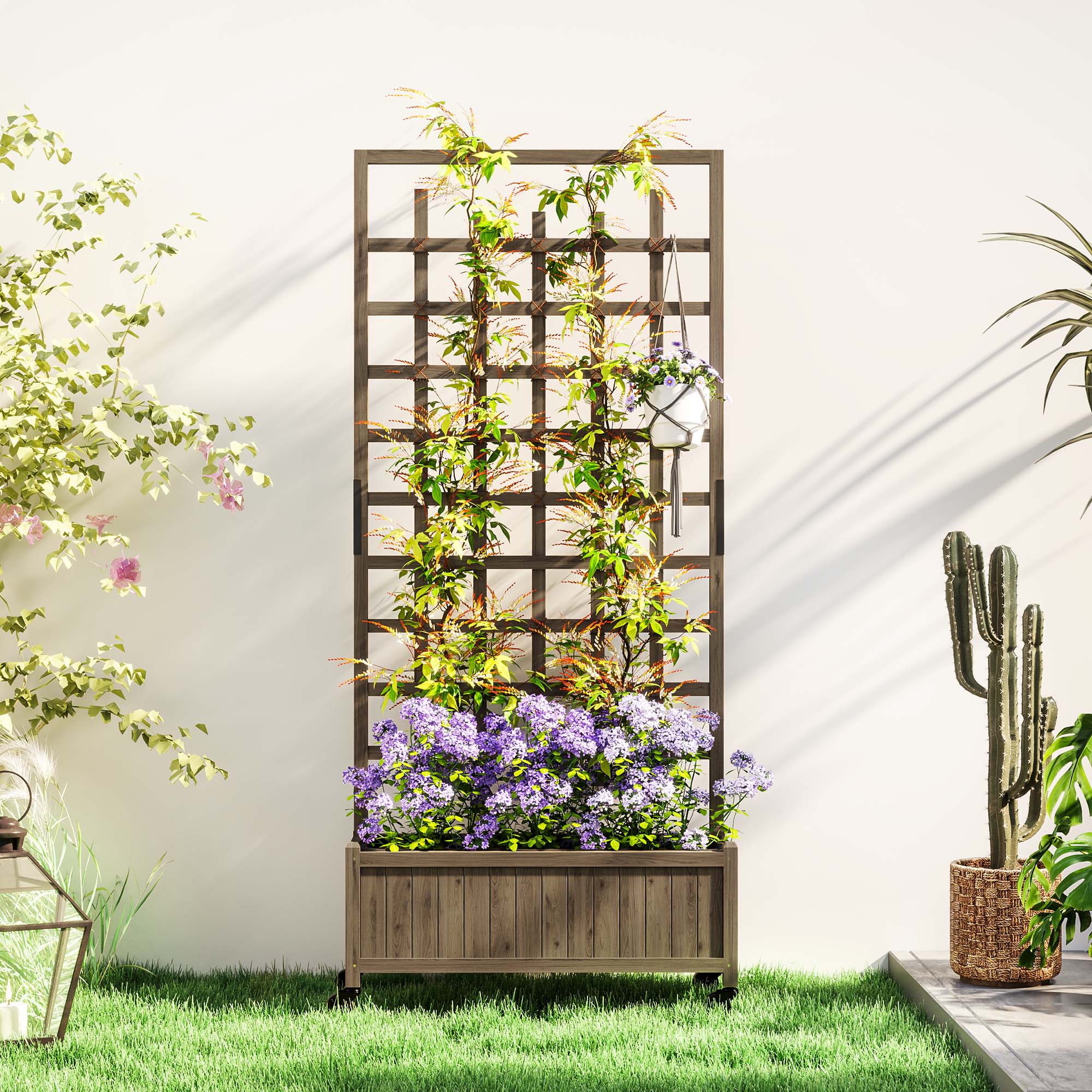 Outsunny Wooden Trellis Planter, Raised Garden Bed with Wheels and Bed Liner