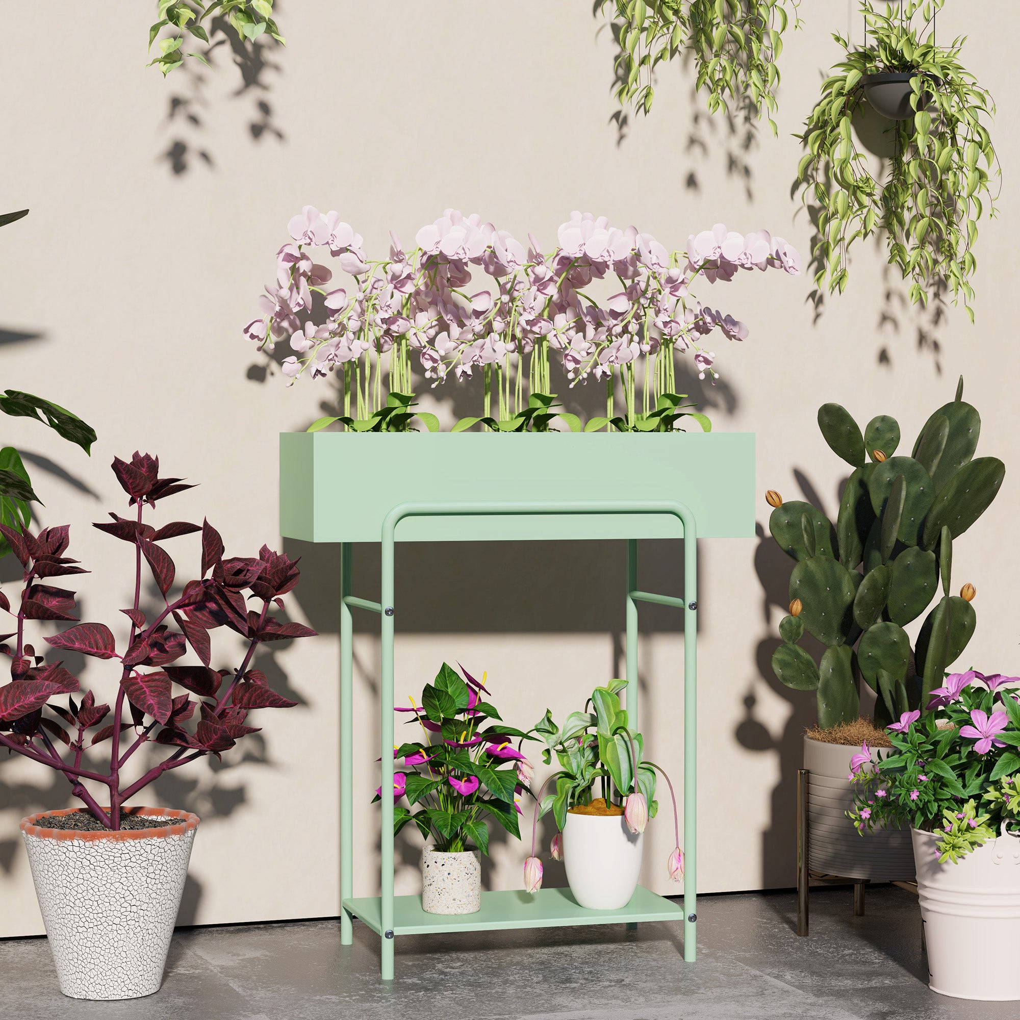 Elegant Green Metal Plant Stand - Two-Tier Design for Versatile Arrangements