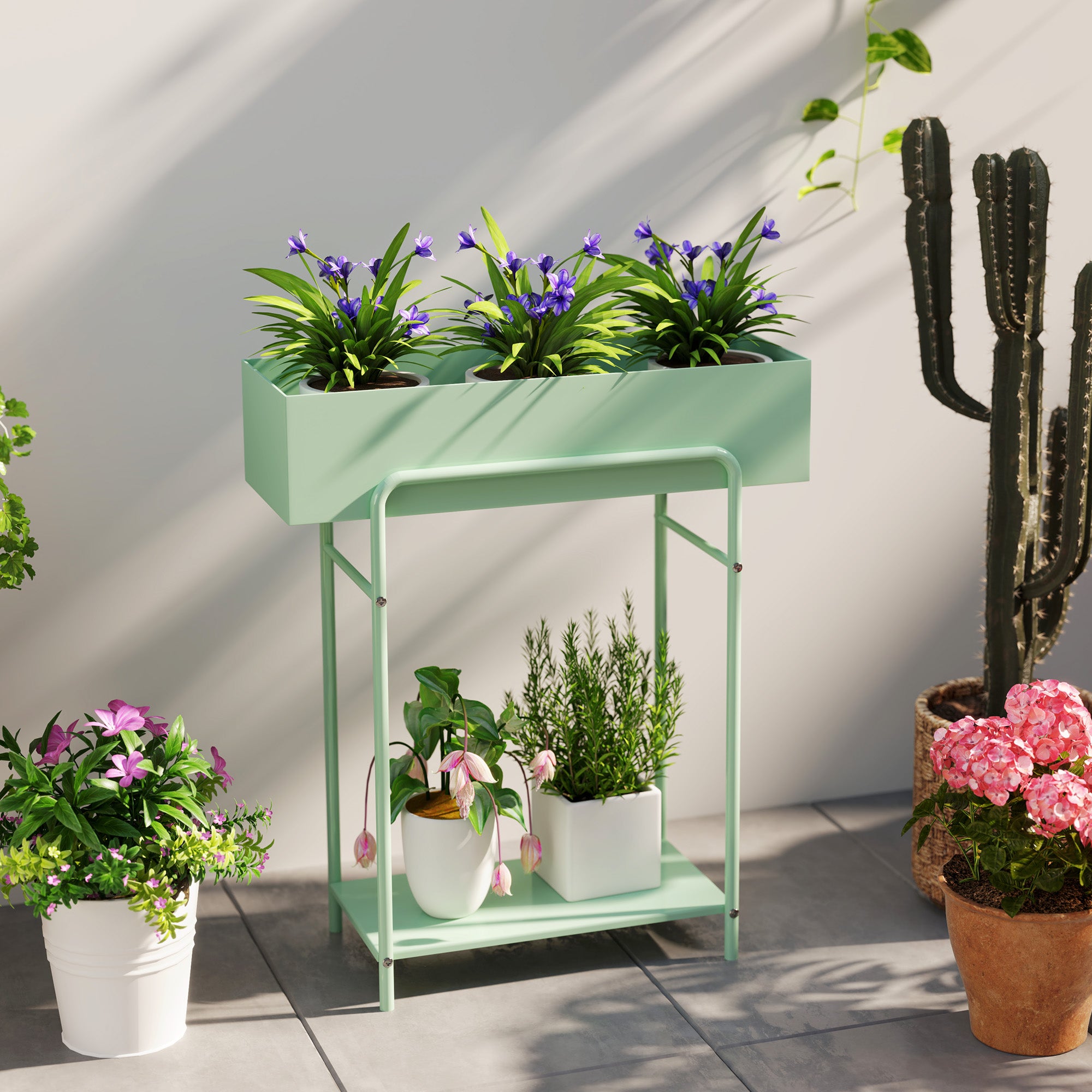 Elegant Green Metal Plant Stand - Two-Tier Design for Versatile Arrangements