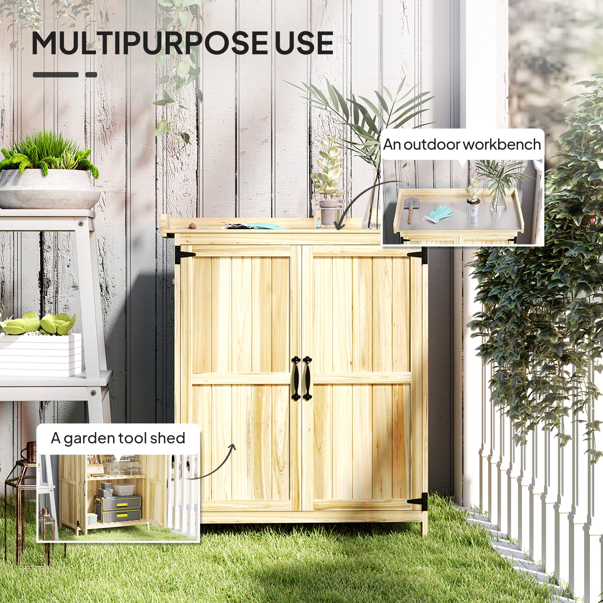 Outsunny Wooden Garden Storage Shed w/Hinged Roof and Shelf, Natural Wood