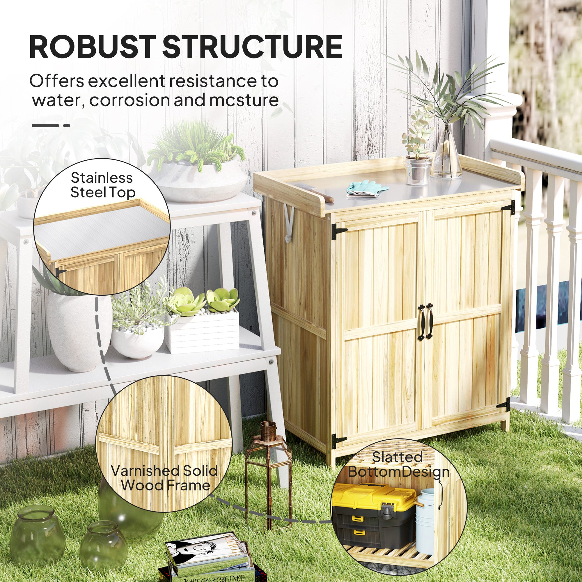 Outsunny Wooden Garden Storage Shed w/Hinged Roof and Shelf, Natural Wood