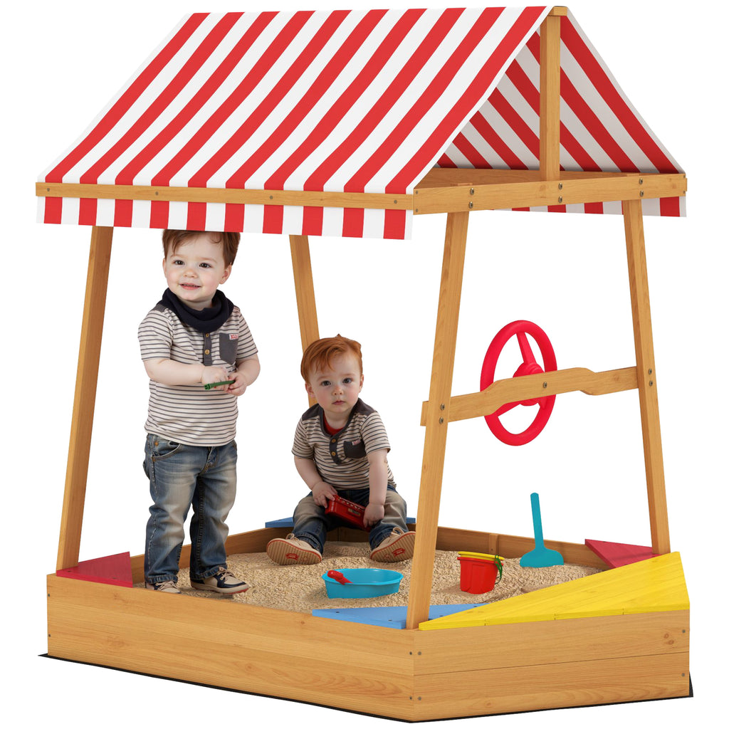AIYAPLAY Wooden Kids Sandpit with Canopy, Seats, Rudder & Bottom Liner