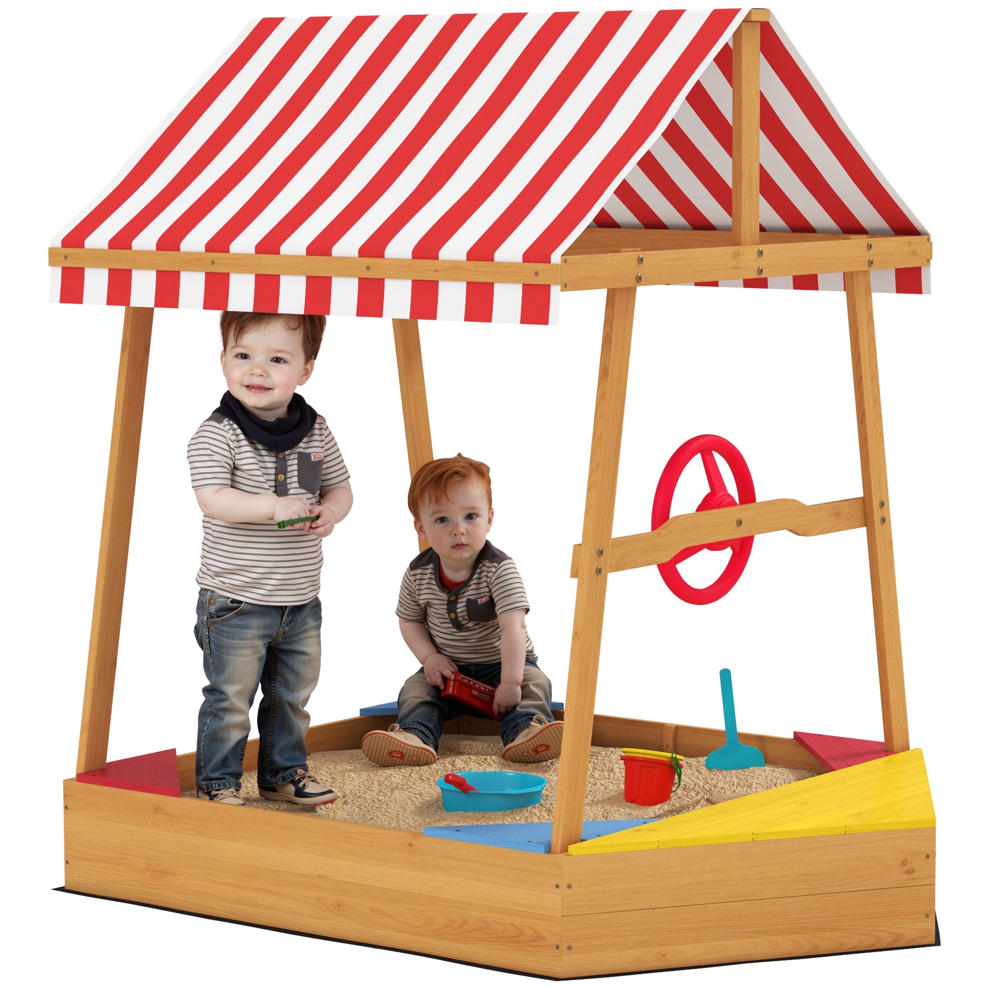 AIYAPLAY Wooden Kids Sandpit with Canopy, Seats, Rudder & Bottom Liner