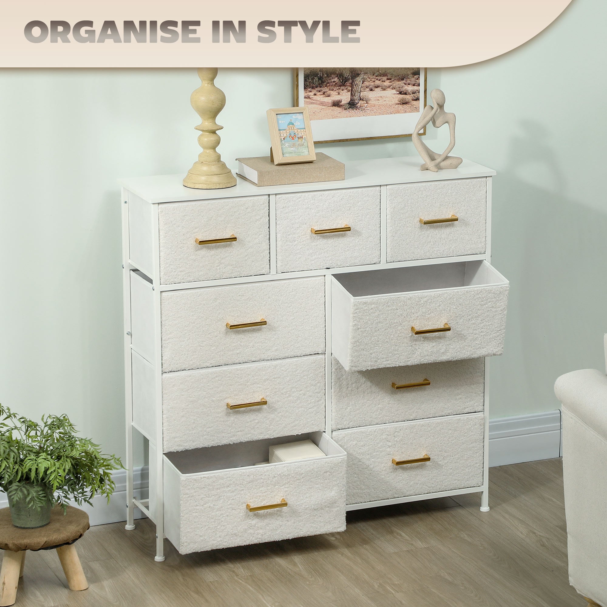 Stylish Cream White Storage Unit with Nine Drawers and Durable Steel Frame