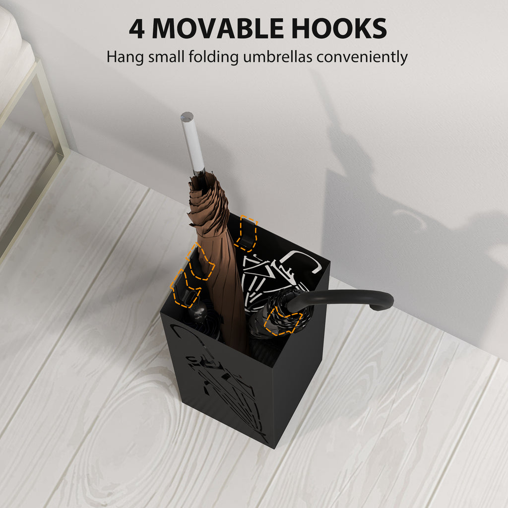 HOMCOM Square Umbrella Holder with Hooks and Water Tray for Entryway Black