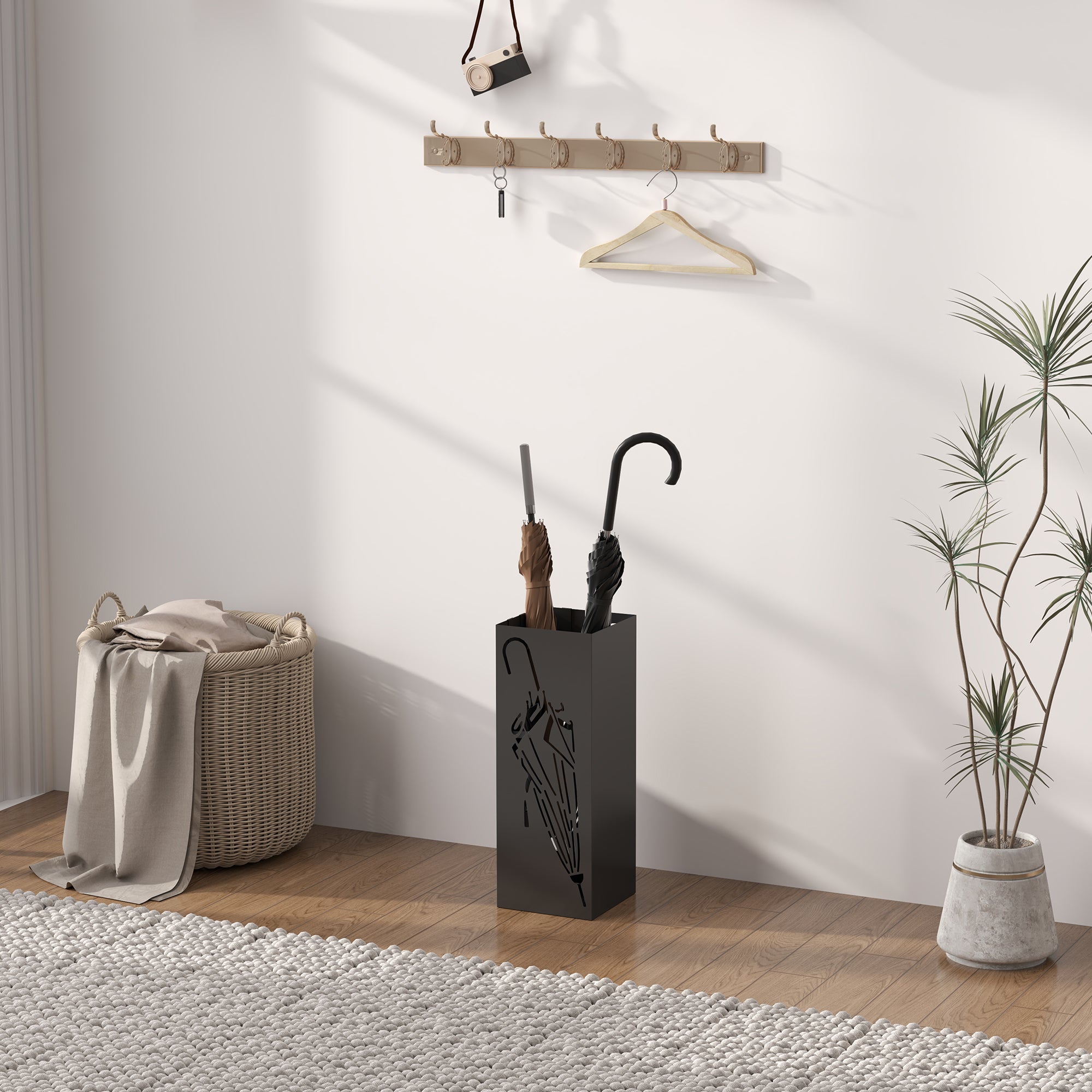 HOMCOM Square Umbrella Holder with Hooks and Water Tray for Entryway Black