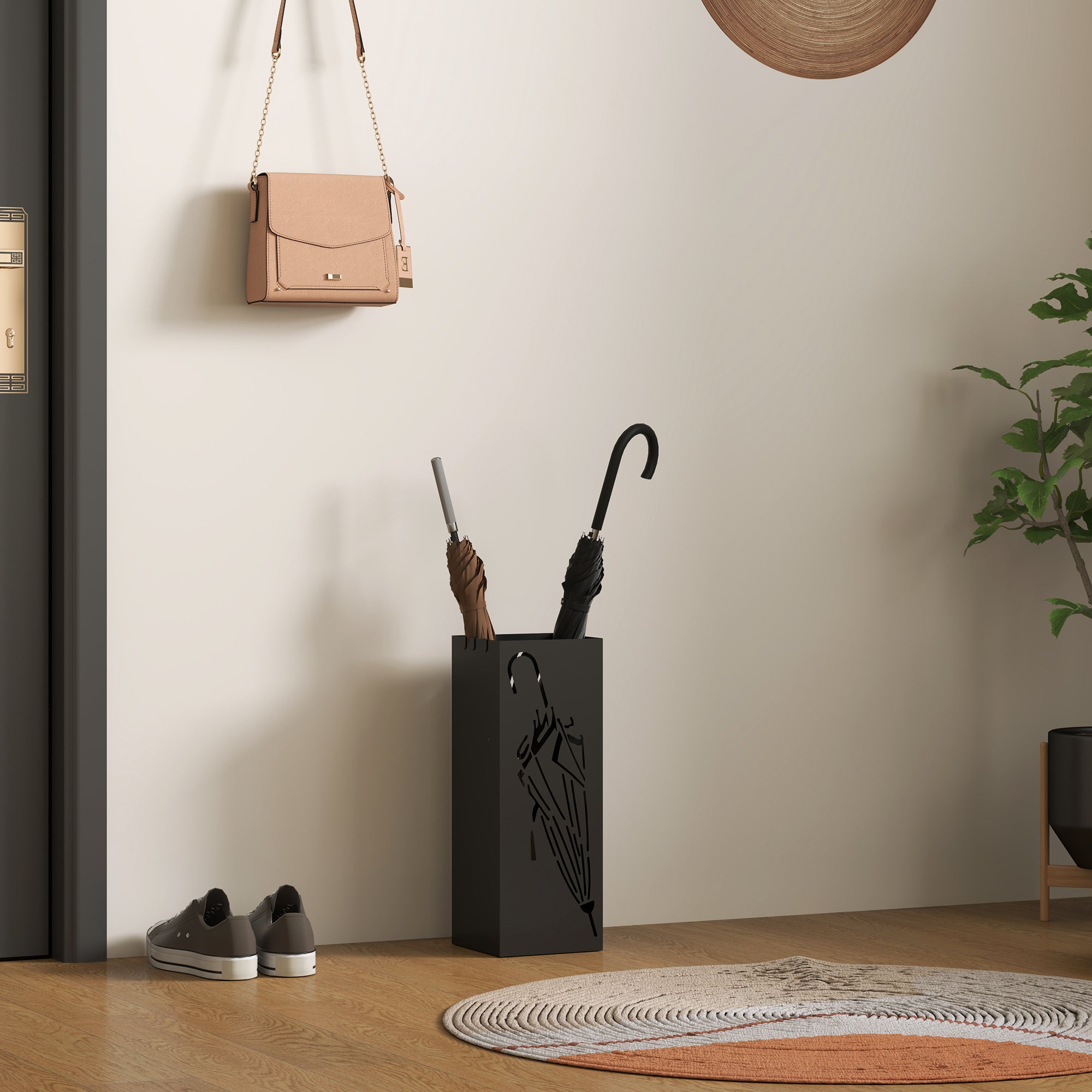 HOMCOM Square Umbrella Holder with Hooks and Water Tray for Entryway Black