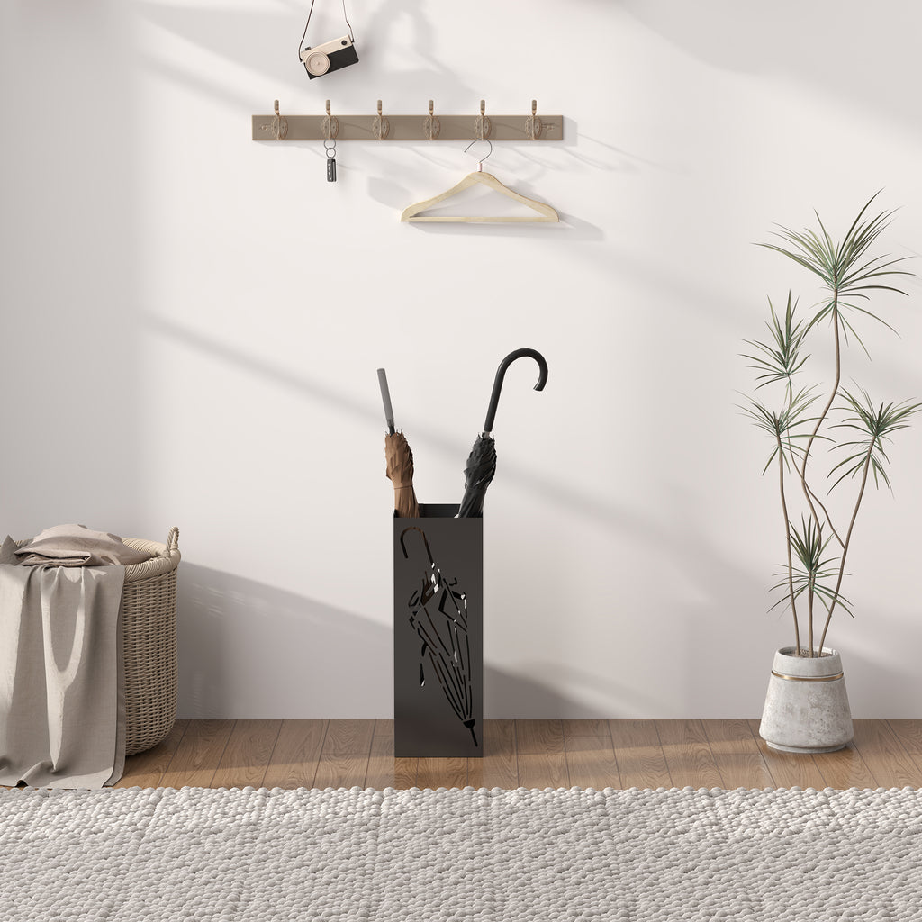 HOMCOM Square Umbrella Holder with Hooks and Water Tray for Entryway Black