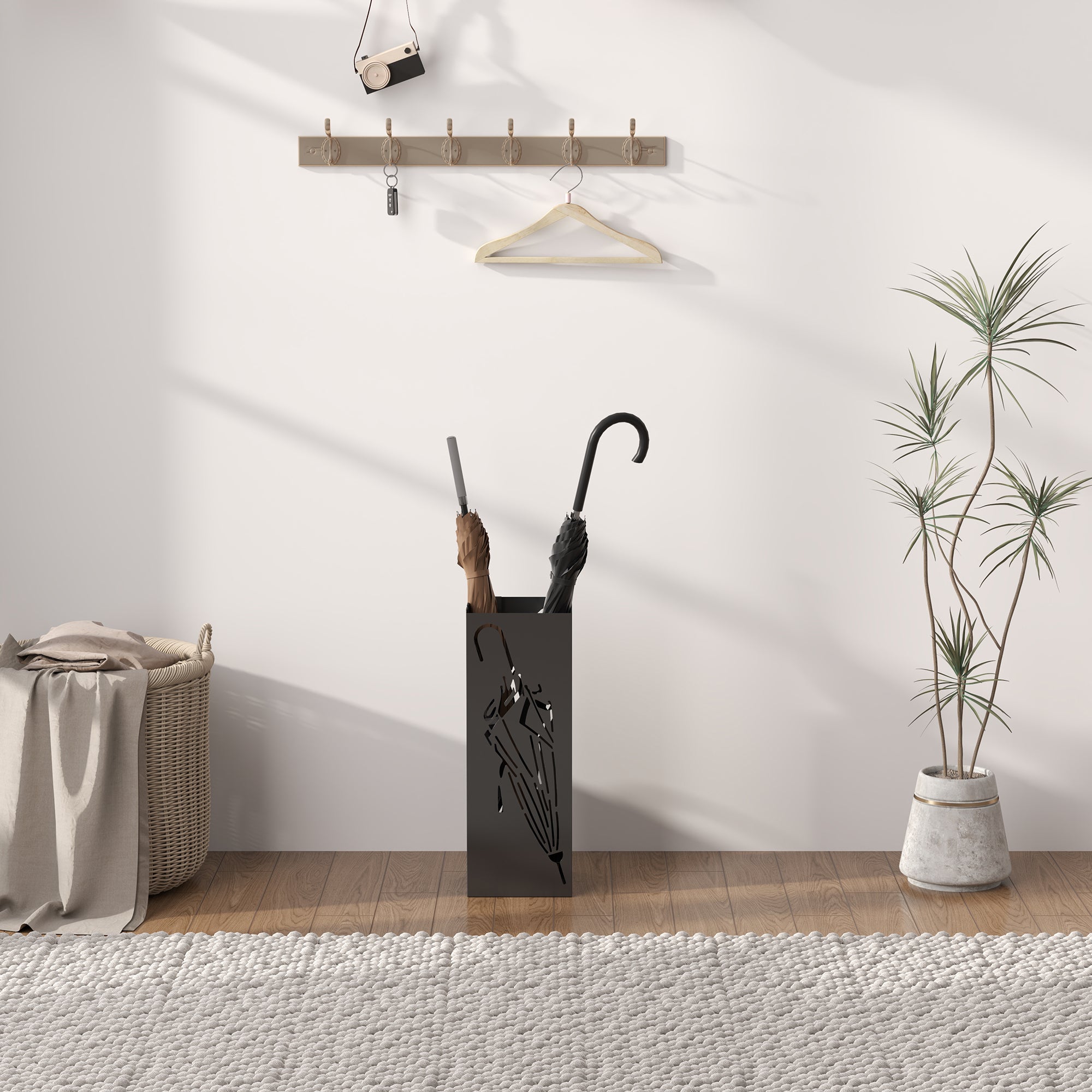 HOMCOM Square Umbrella Holder with Hooks and Water Tray for Entryway Black