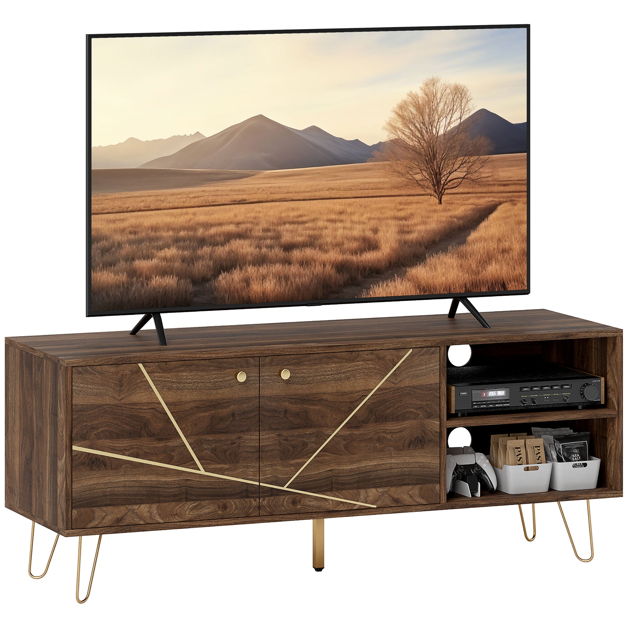 Stylish Wooden TV Stand with Adjustable Shelves & Cable Management - 130cm
