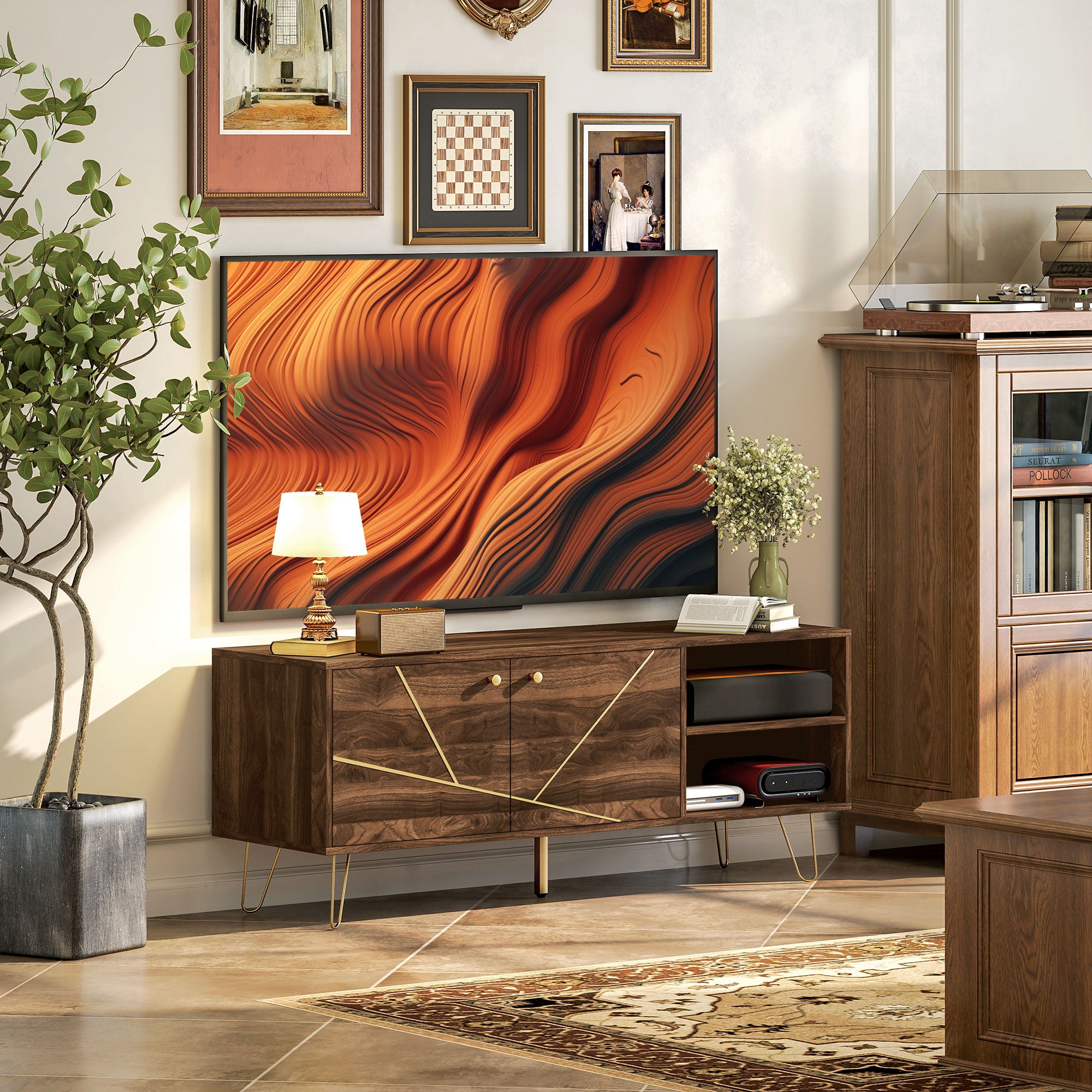 Stylish Wooden TV Stand with Adjustable Shelves & Cable Management - 130cm