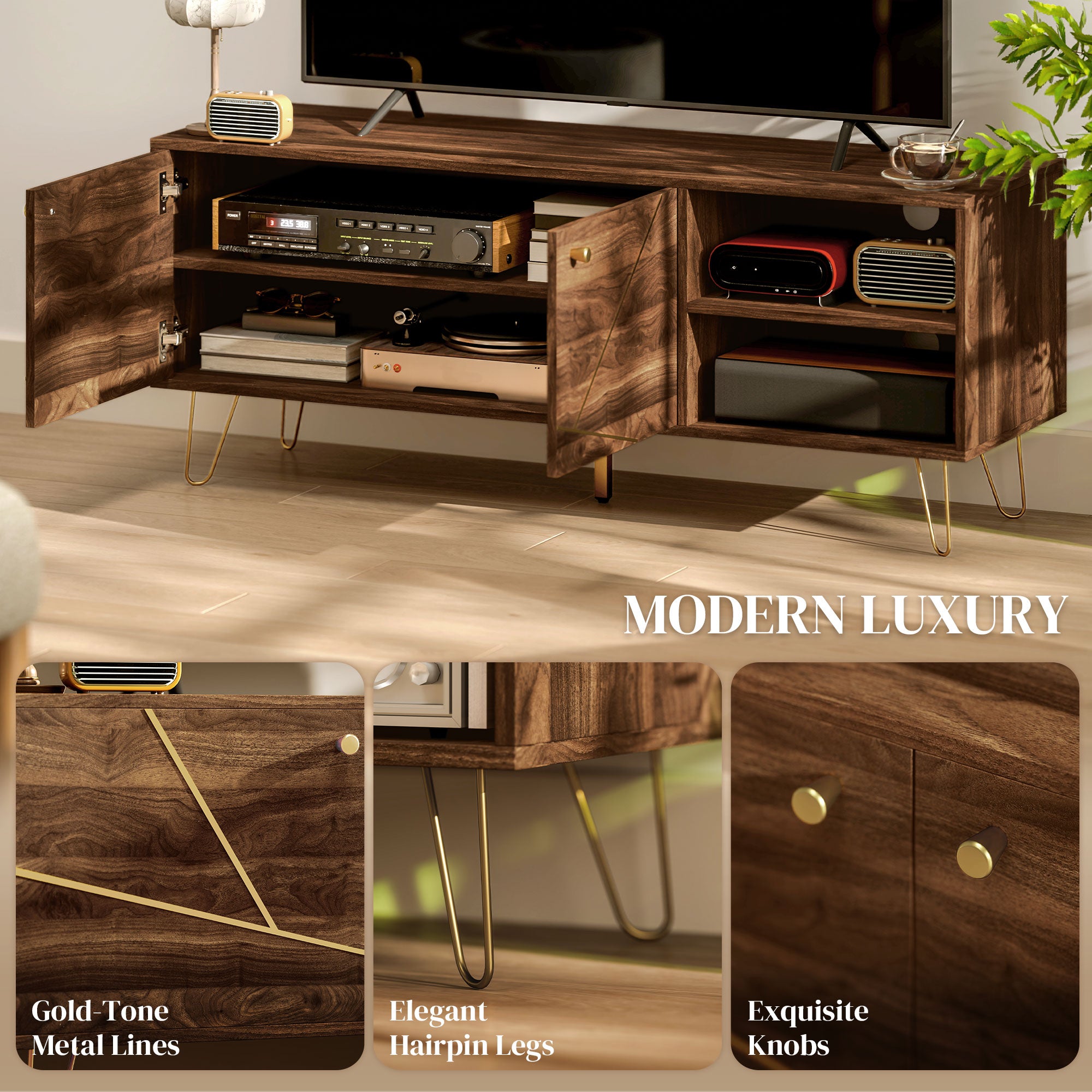 Stylish Wooden TV Stand with Adjustable Shelves & Cable Management - 130cm