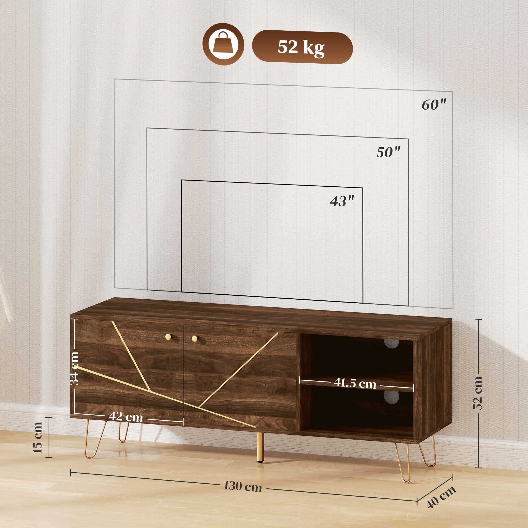 Stylish Wooden TV Stand with Adjustable Shelves & Cable Management - 130cm
