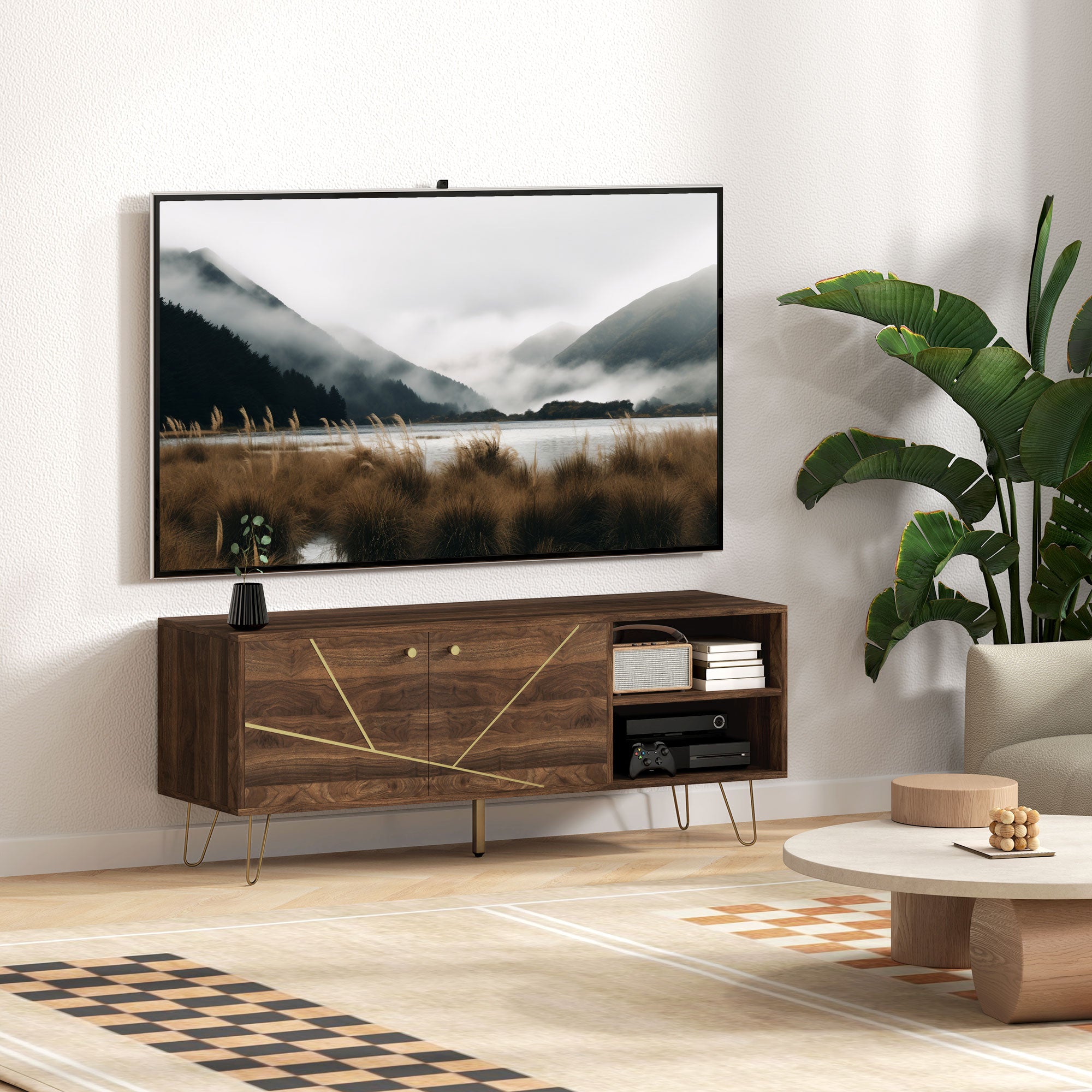 Stylish Wooden TV Stand with Adjustable Shelves & Cable Management - 130cm