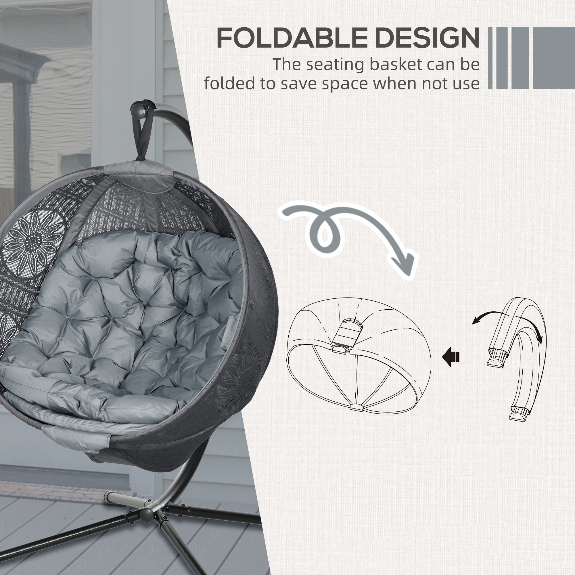 Outsunny Hanging Swing Chair w/ Metal Stand & Side Pocket, Charcoal Grey