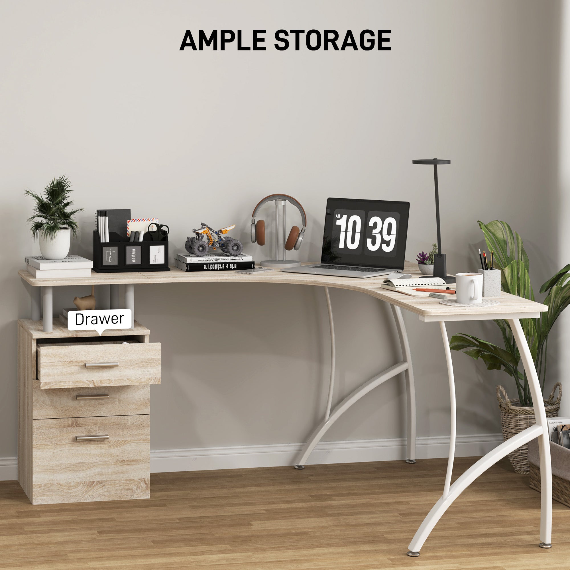 HOMCOM L-Shaped Corner PC Desk Table w/ Drawer Home Office Workstation, Oak