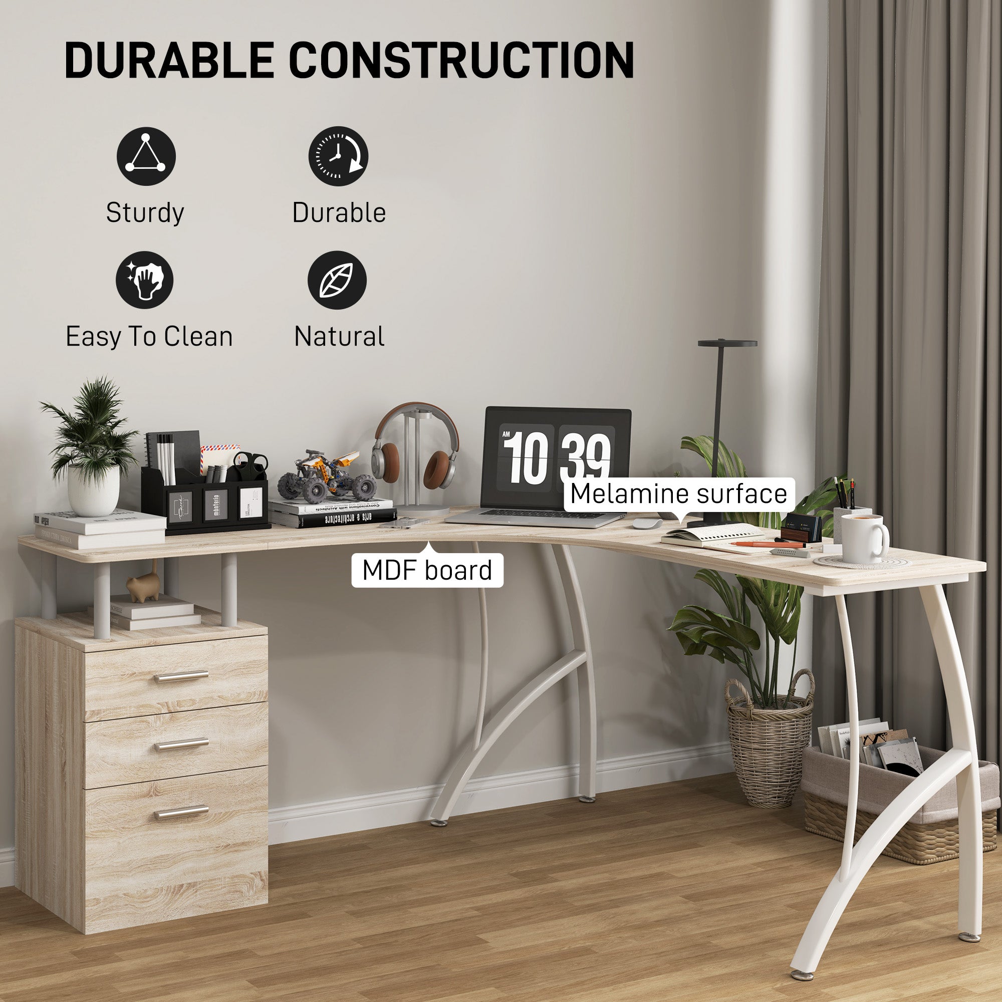 HOMCOM L-Shaped Corner PC Desk Table w/ Drawer Home Office Workstation, Oak