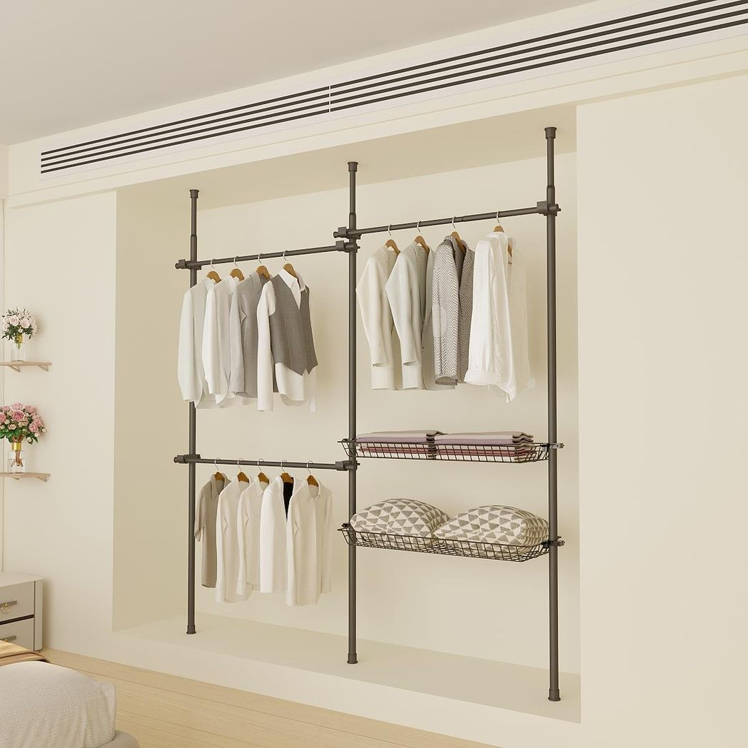 Double Black With Baskets Telescopic Wardrobe Organiser Hanging Rail Clothes Rack Adjustable Storage Shelving