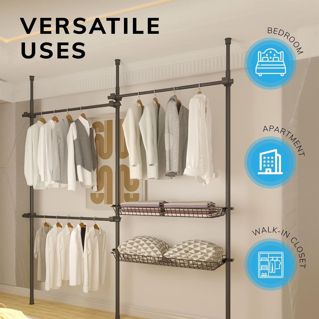 Double Black With Baskets Telescopic Wardrobe Organiser Hanging Rail Clothes Rack Adjustable Storage Shelving
