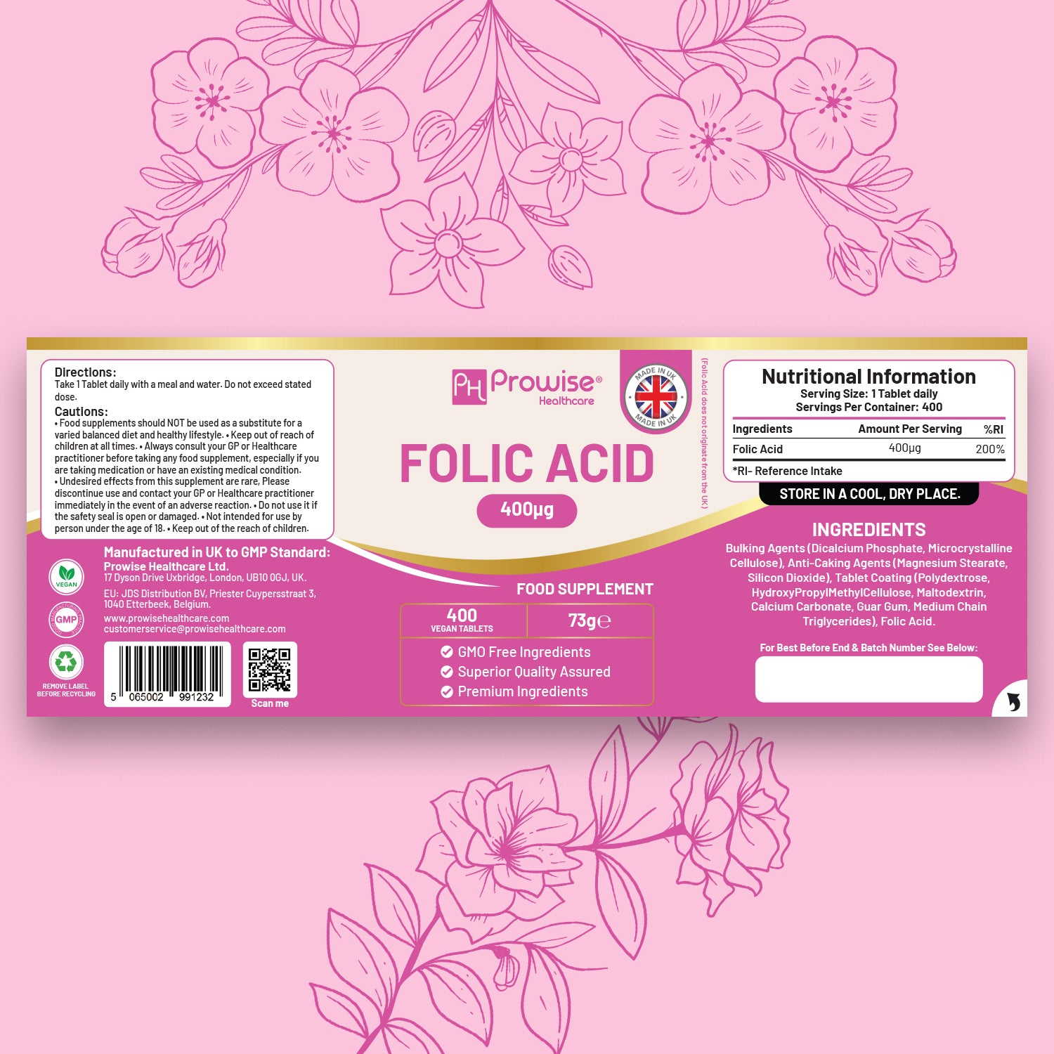 Folic Acid Tablets 400 mcg - 400 Vegan Vitamin B9 Tablets