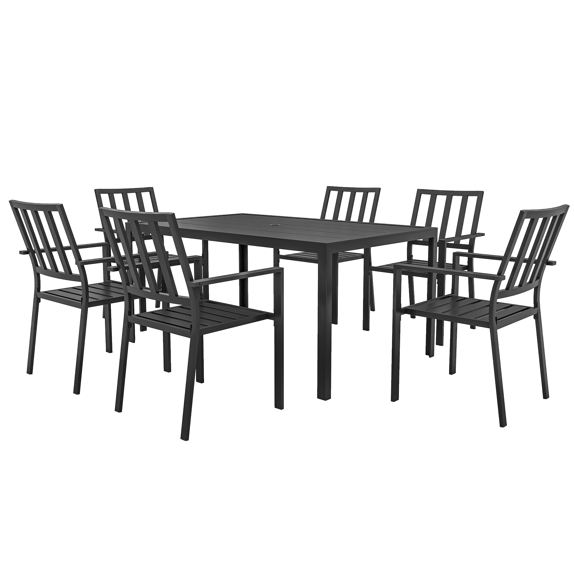 Outsunny 7 PCs Garden Dining Set w/ Stackable Chairs and Metal Top Table, Black
