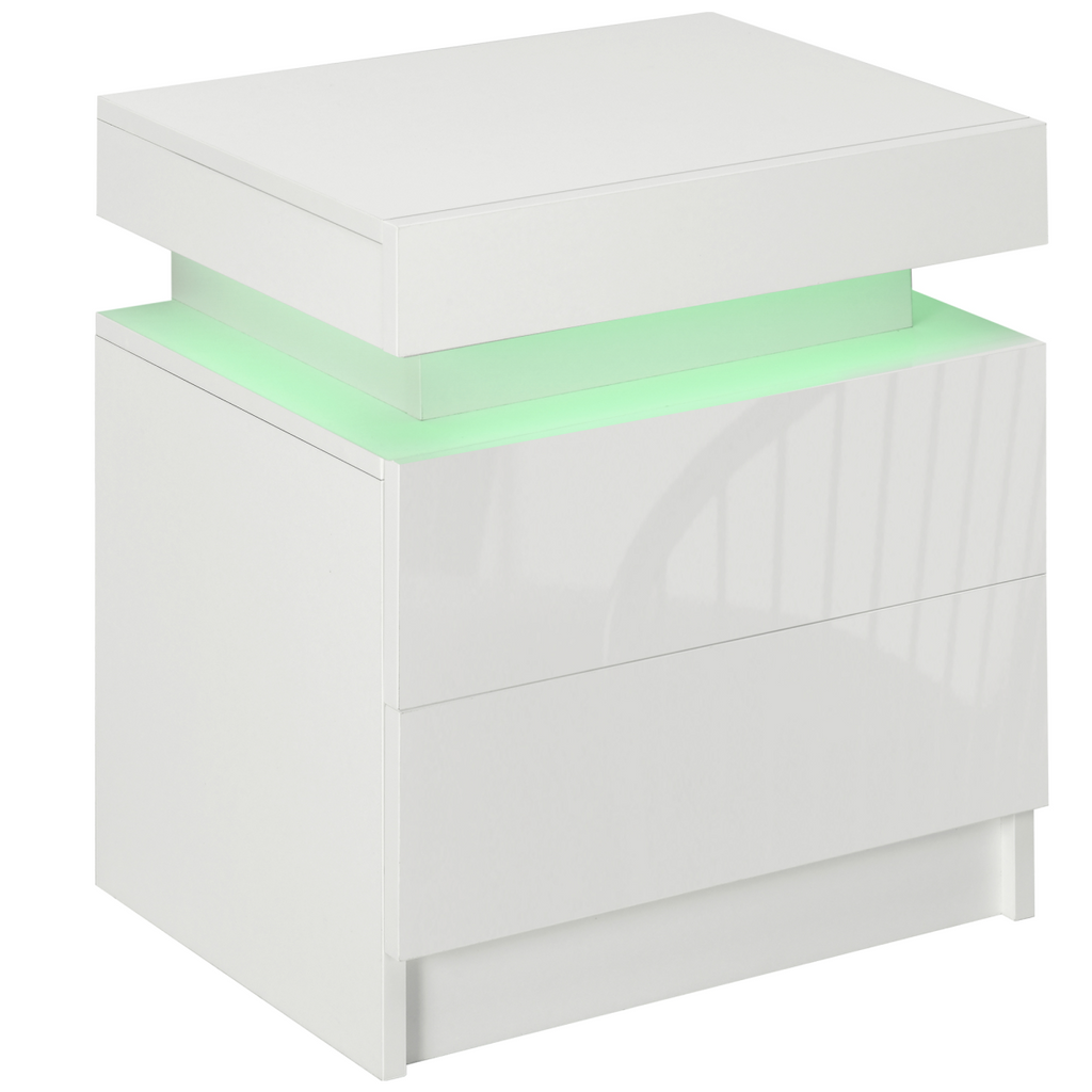 HOMCOM White Bedside Table, High Gloss Front Nightstand w/ LED Light, 2 Drawers