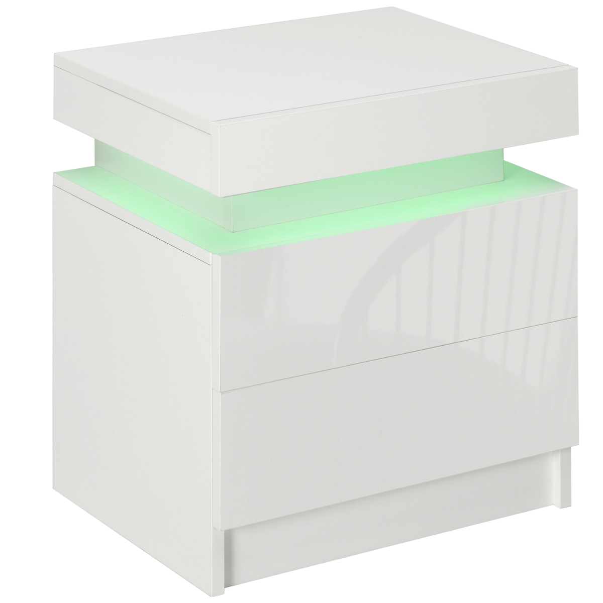 HOMCOM White Bedside Table, High Gloss Front Nightstand w/ LED Light, 2 Drawers