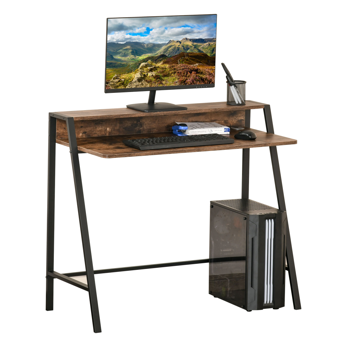 Rustic Brown Writing Desk - Minimalist Computer Workstation with Storage Shelf