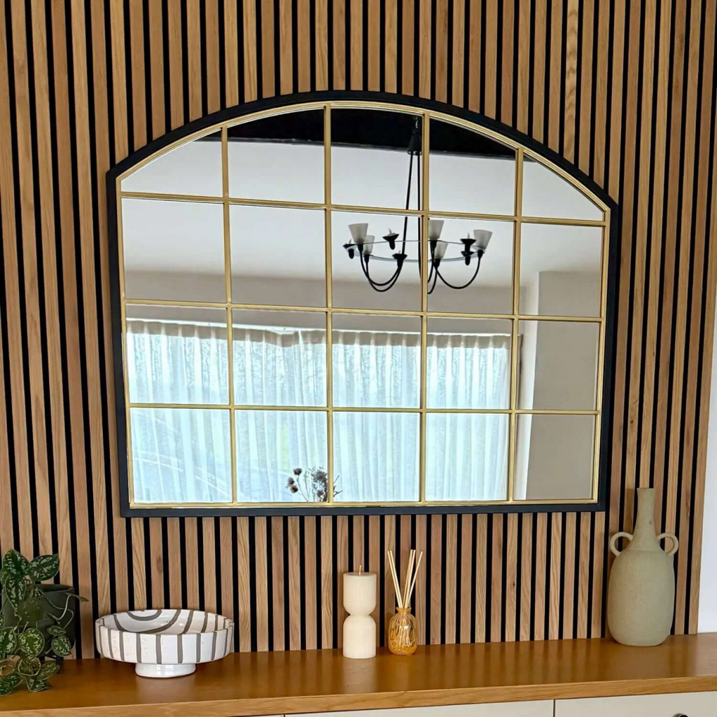 Tomi - Elegant Black & Gold Arched Window Mirror | 95cm x 120cm Statement Piece